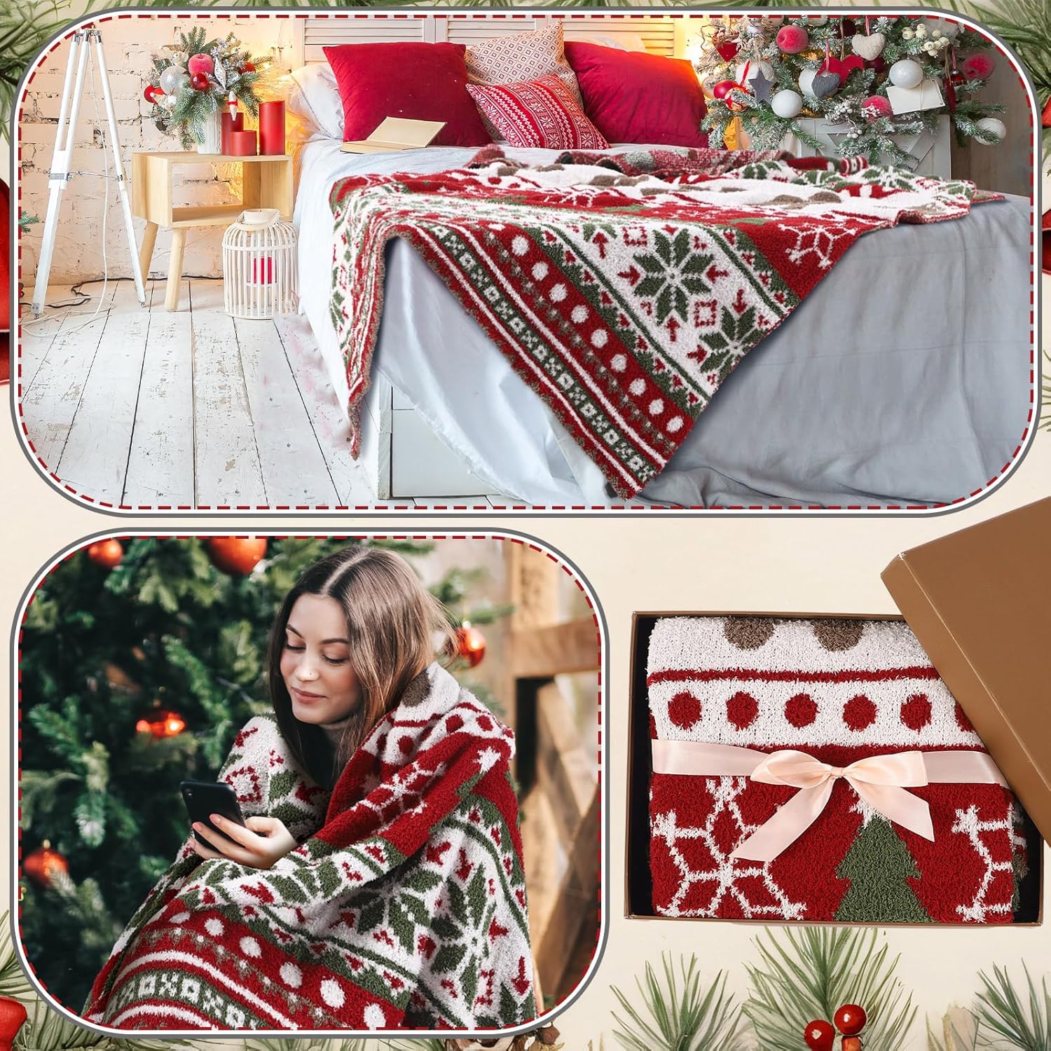 Namalu Large Chrismas Gingerbread Throw Blanket 50 x 60 Inch Soft Xmas Gingerbread Man Knit Throw Reversible Knitted Blanket for Couch Bed Sofa, Microfiber Lightweight Decorative Poinsettia - Image 5