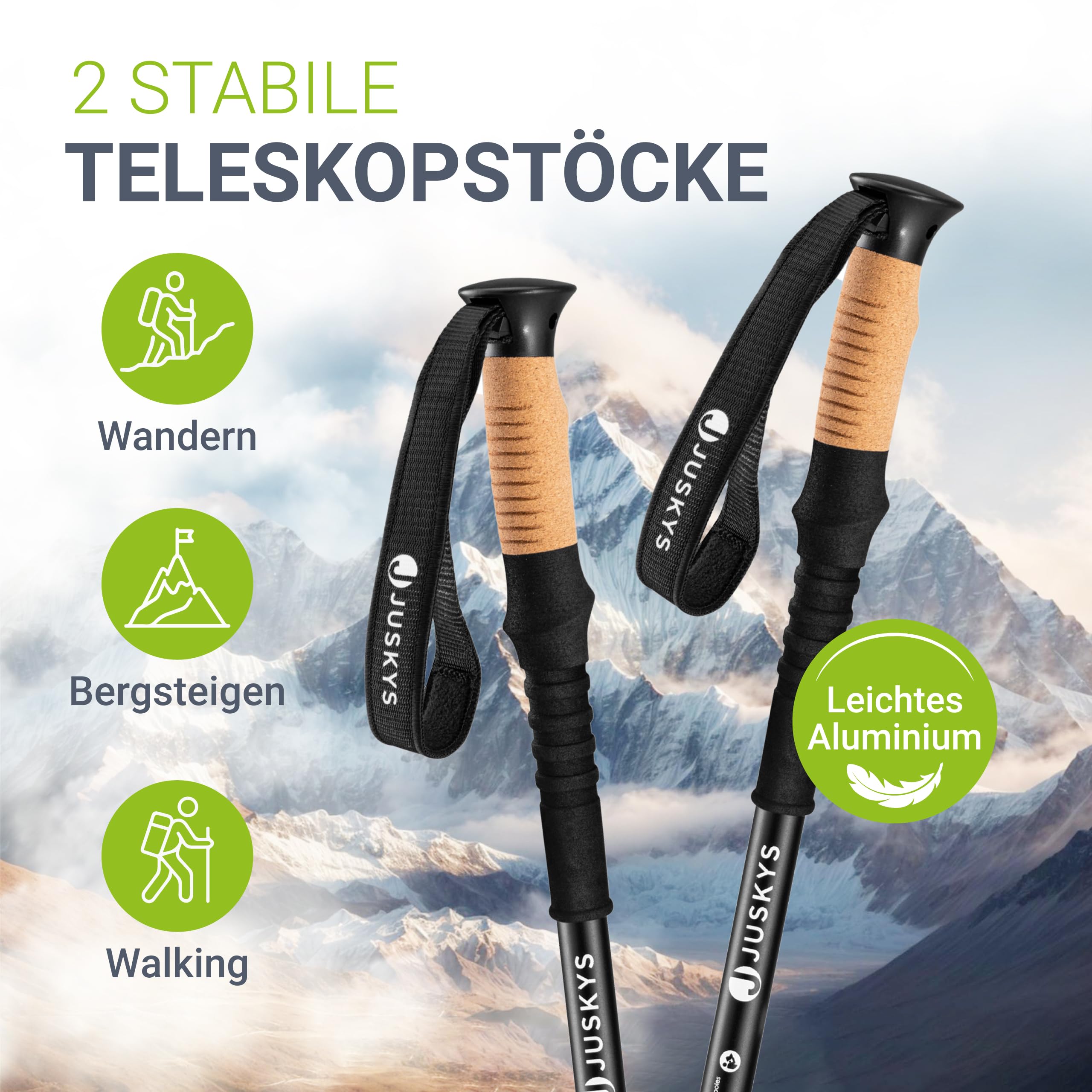JUSKYS® Wanderstöcke - 2 Alu Teleskop Nordic Walking Stöcke, leicht & ausziehbar, Damen & Herren, mit Gummipuffer & Tasche, Kork Griff - Schwarz