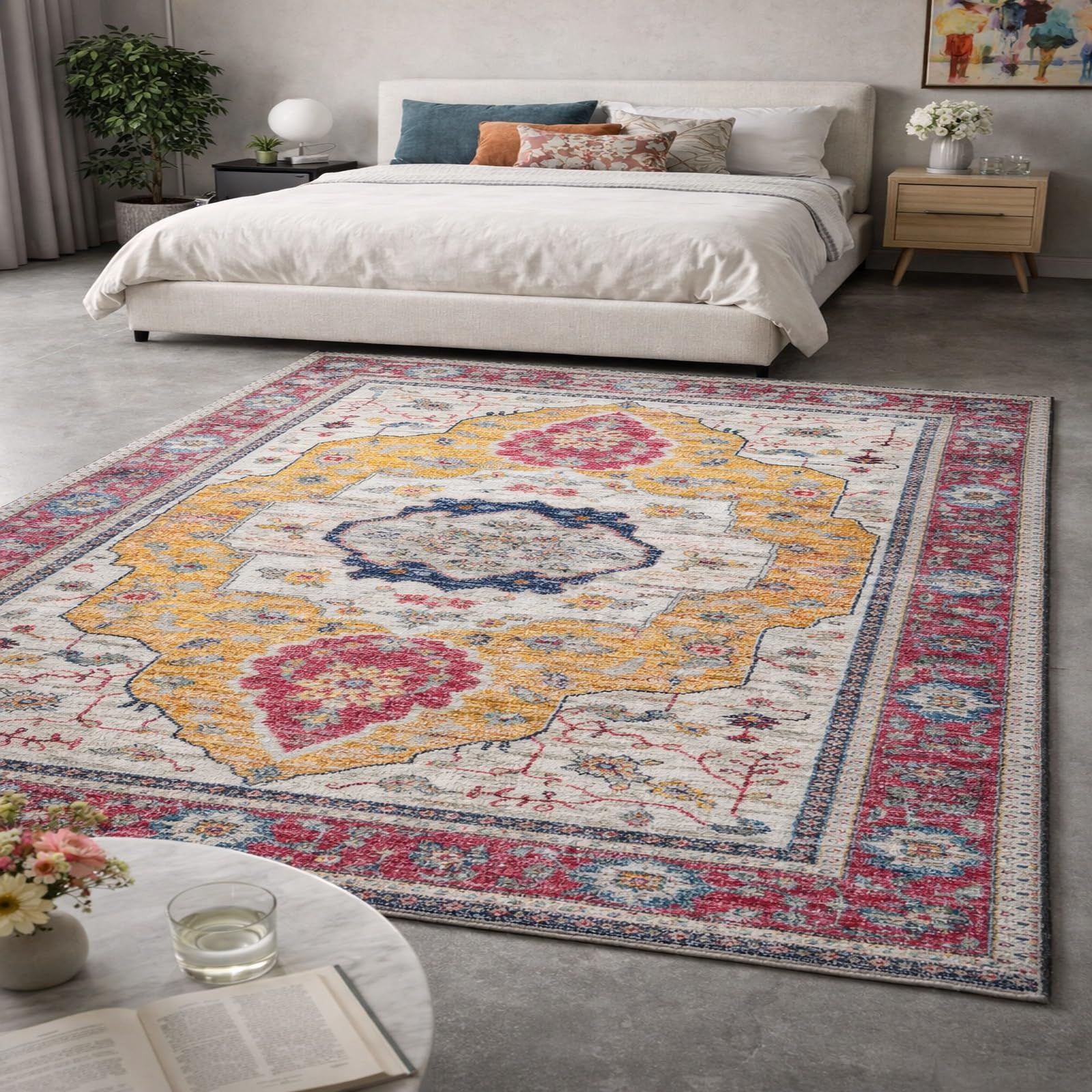 Tapis de salle à manger floral jaune et bleu anti-sol terne