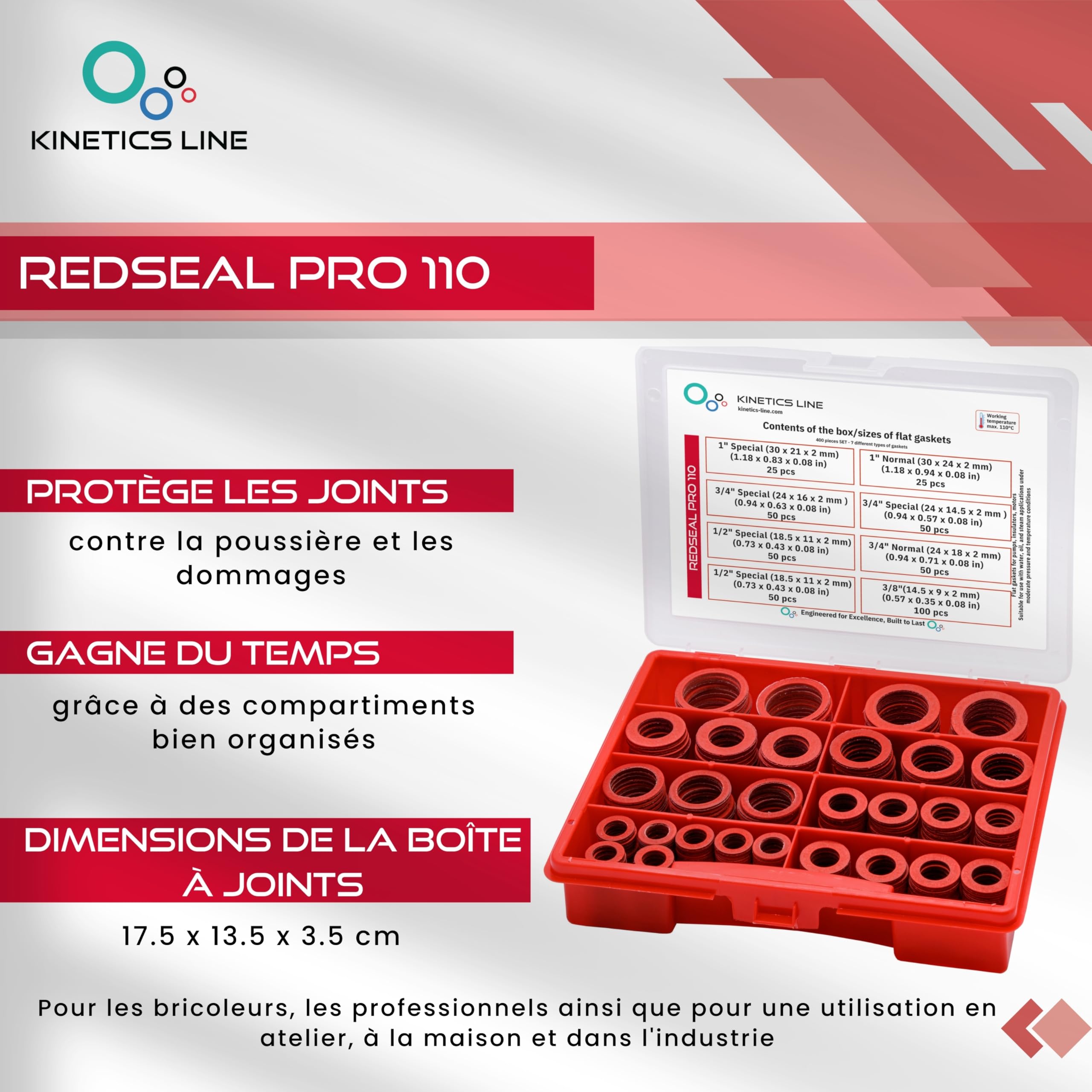 Boîte de Joints avec 400 Joints Plats en Fibre de Vulcanite 3/8–1 Pouce – Joints Rigides et Formstables pour Pompes, Vannes et Raccords Filetés – Jusqu’à 110 °C