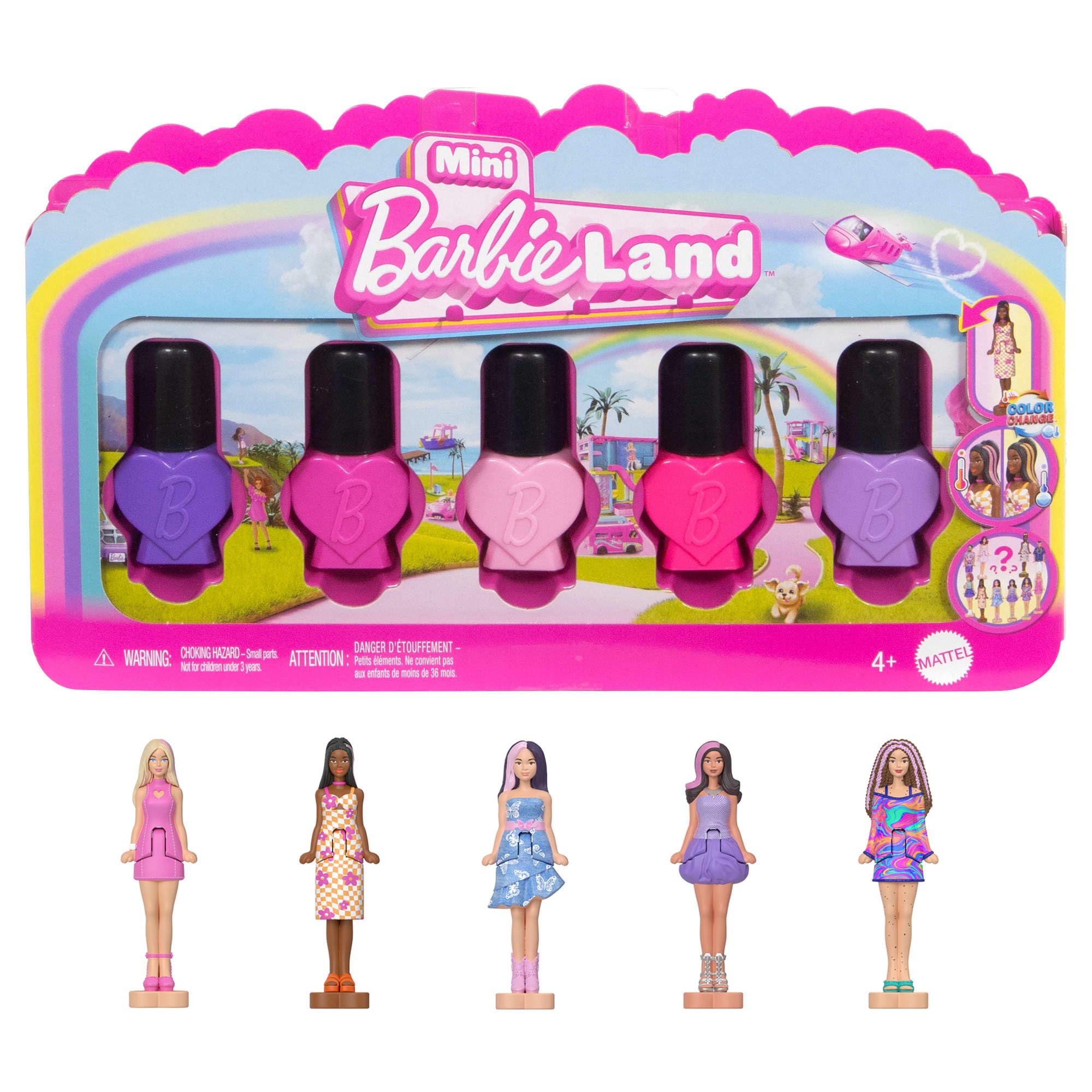 Barbie Mini Barbie Land 5-Pack Fashionistas Dolls, 1.5-inch Mini Dolls in Nail Polish Containers, Instant Collection & Surprise Reveals (Styles May Vary), JGL28