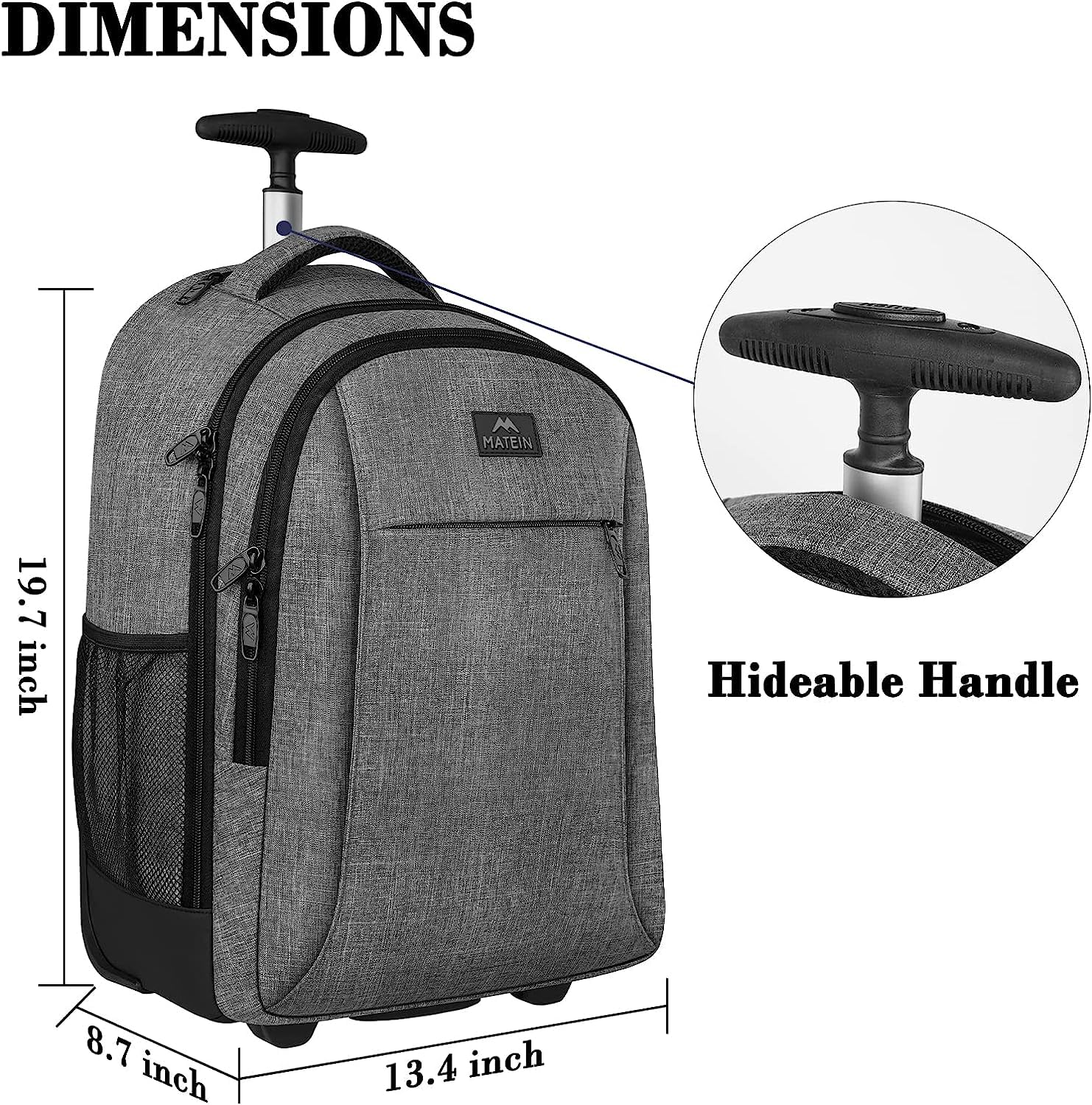 MATEIN Schulrucksack mit Rollen, Business Trolley Leicht Handgepäck Flugzeug Reiserucksack Herren 17 Zoll Laptoptasche Reisetasche mit Rädern Damen Schultrolley Wheeled Backpack für Arbeit, Uni, Grau