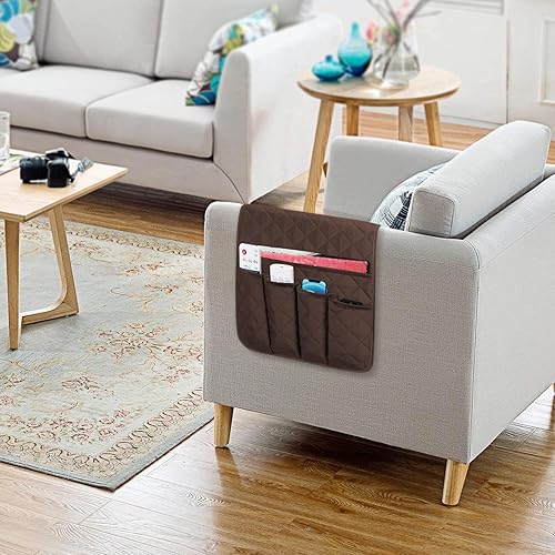 Miniatura 6 de FYY Organizador de reposabrazos para sofá, soporte de control remoto, antideslizante, color marrón, para sillón reclinable con 5 bolsillos para
