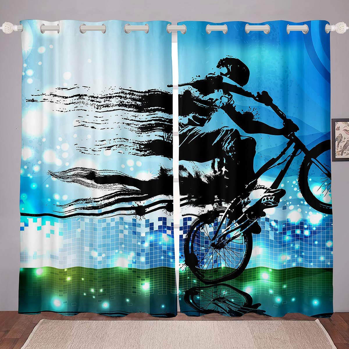 Tbrand 3D Dirt Bike Curtains for Bedroom Living Room - Motocross Racer Printed Drapes for Kids Boys Teens - Geometric Grid Windows Racing Motorcycle Design, Blue, W46*L54 — image 1