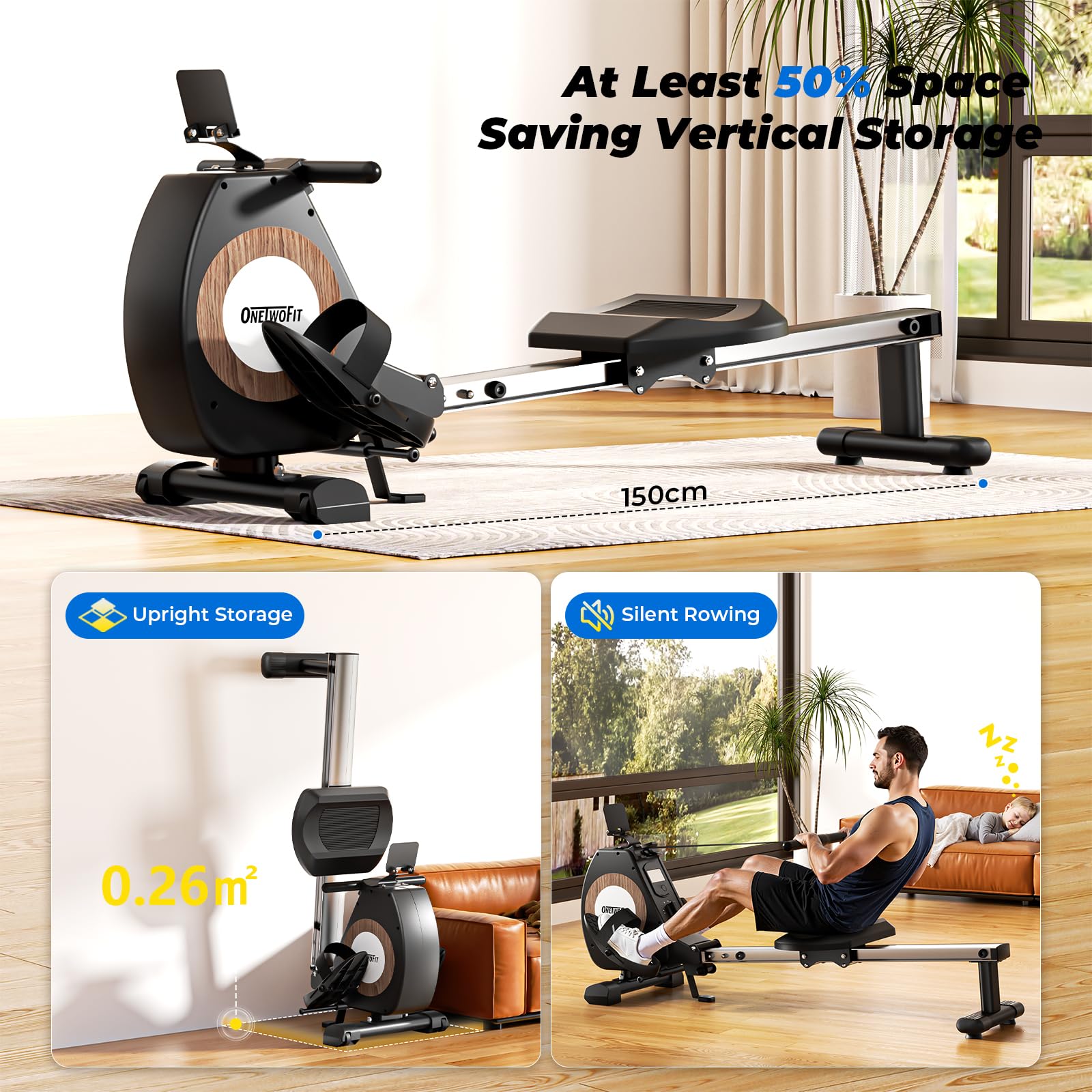ONETWOFIT Vogatore Magnetico, Pieghevole Silenziosi Rematore Palestra Casa, 16 Livelli Di Resistenza Capacità Di 160 Kg Con App