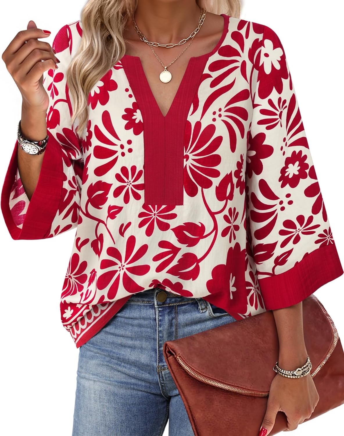 Bebonnie Women Blouses Dressy Casual 3/4 Sleeve V Neck Floral Loose Fit Tunic Tops