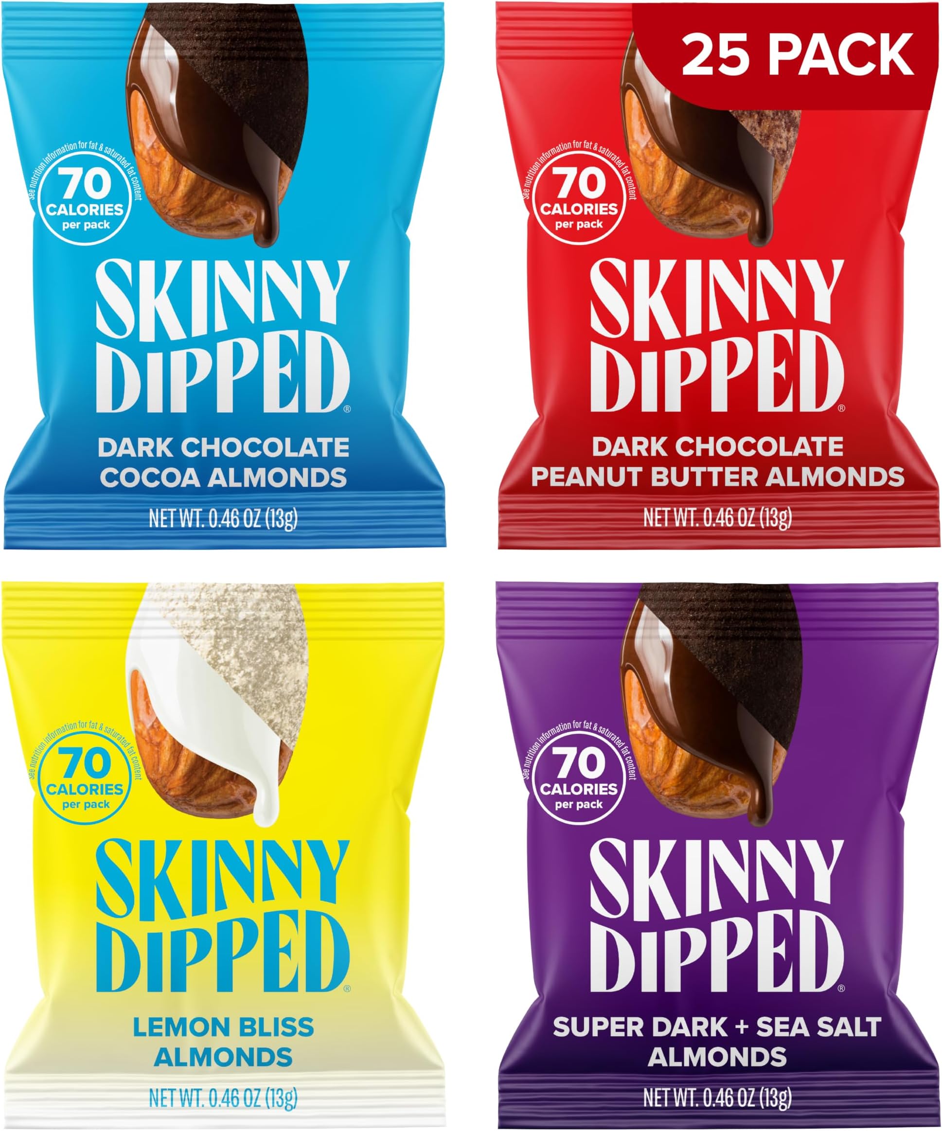 SkinnyDipped Snack Attack Minis Almond Variety Pack, Healthy Snack, Plant Protein, Gluten Free, 0.46 oz Mini Bags, Pack of 25