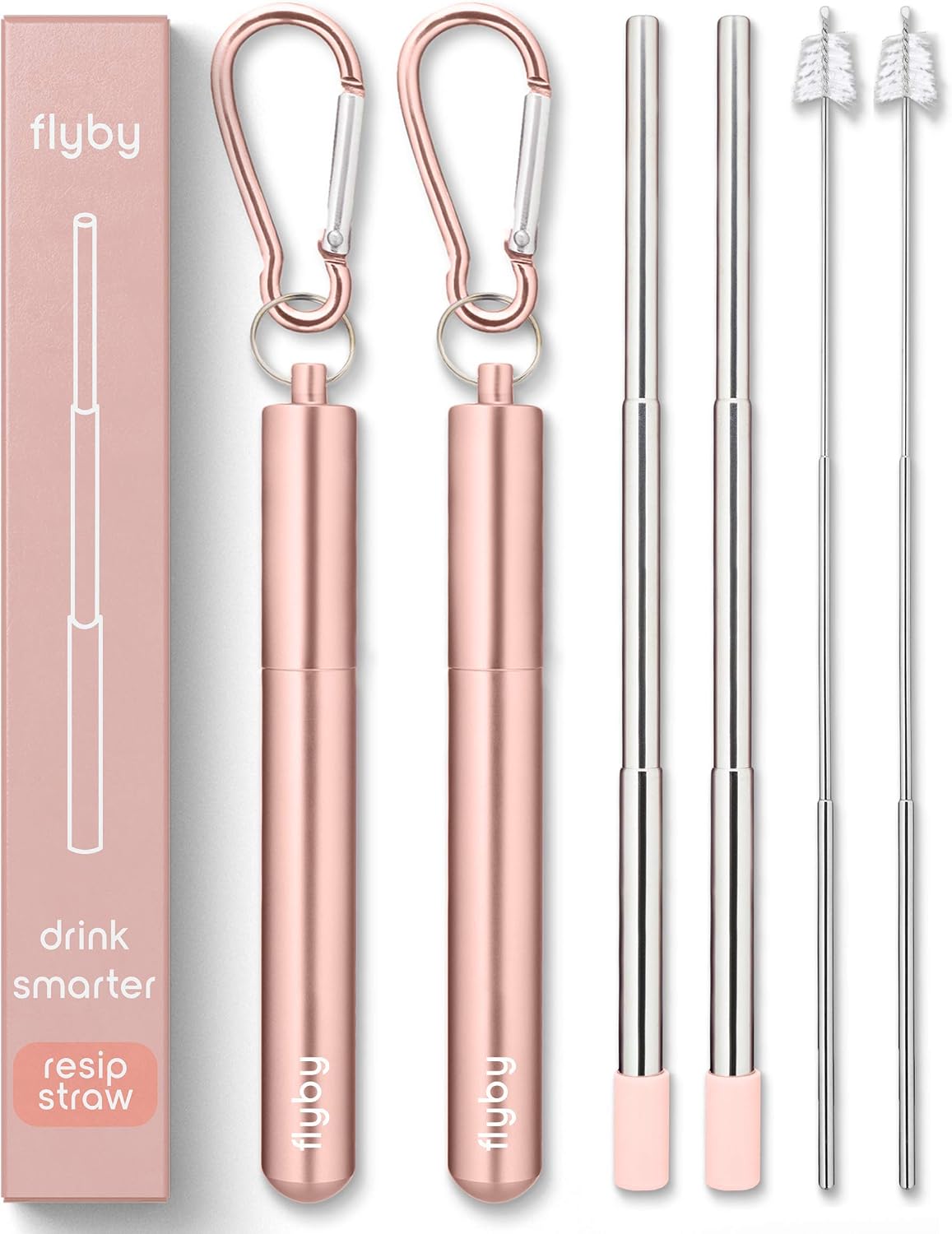 Flyby Portable Reusable Drinking Straws | Collapsible & Foldable Telescopic Stainless Steel Metal Straw Dispenser | Final Aluminum Case, Long Cleaning Brush, Silicone Tip | Rose Gold | 2-Pack