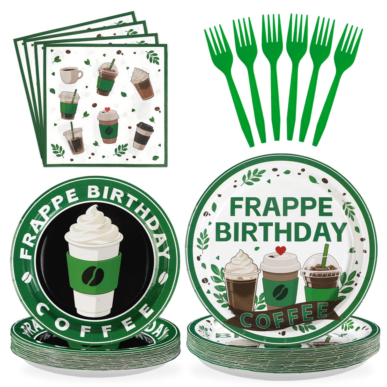 96Pcs Green Coffee Birthday Party Decorations Serve 24