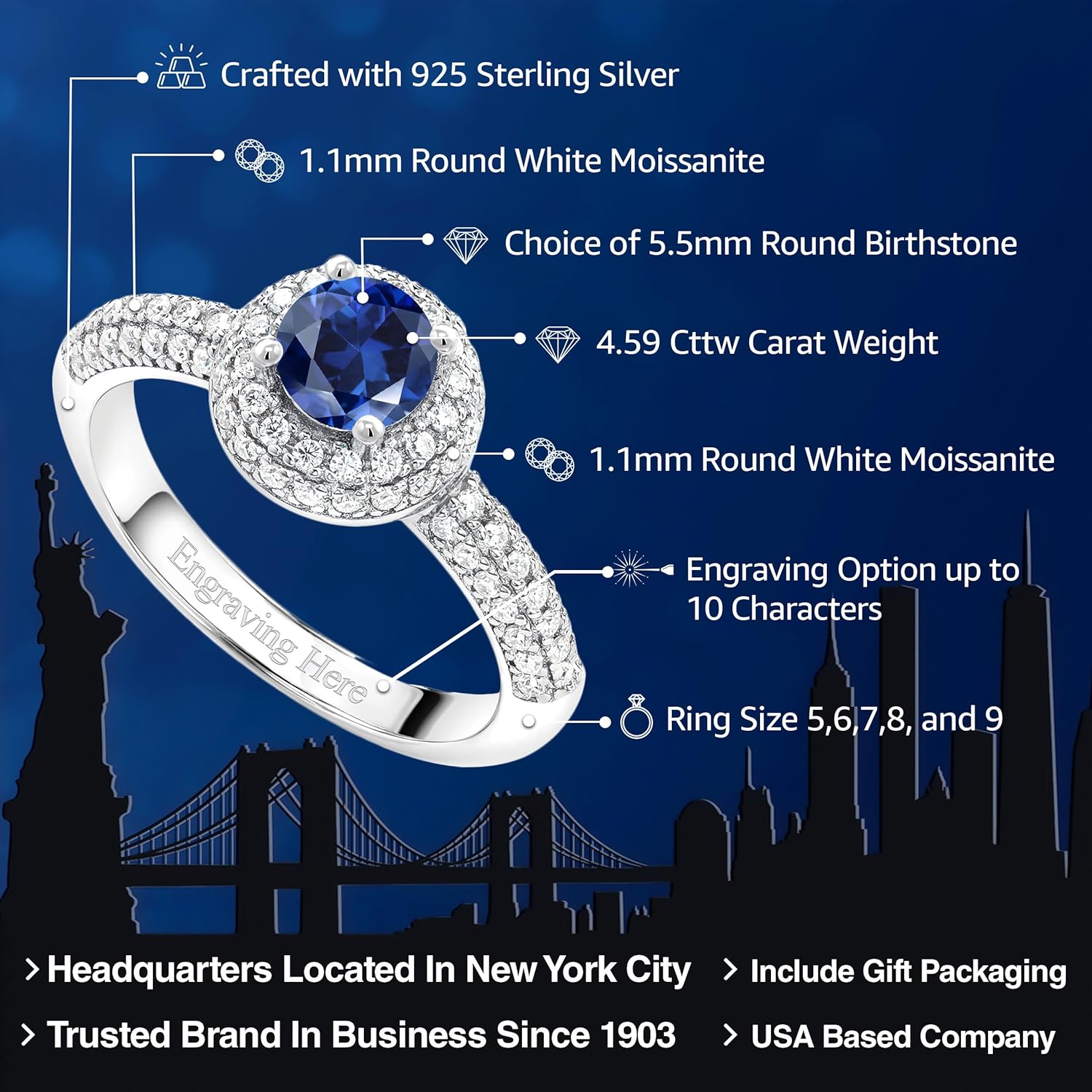 Gem Stone King 925 Sterling Silver Customized Personalized Name Engraving 5MM Round Gemstone Birthstone and White Moissanite Engagement Ring | Wedding Anniversary Promise Ring For Women