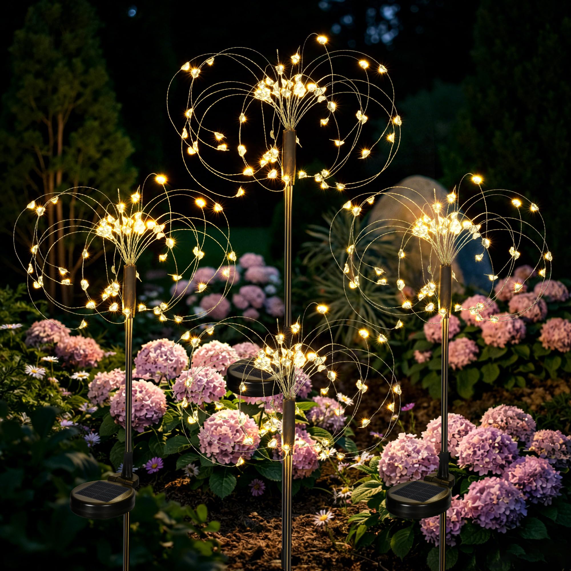 GIGALUMI Solar Lights Outdoor Garden,Heart-Shaped Firework Lights 60 LEDs 4 Packs,Starburst Light for Yard Landscape Lawn Backyard Patio Party Decor(Warm White)