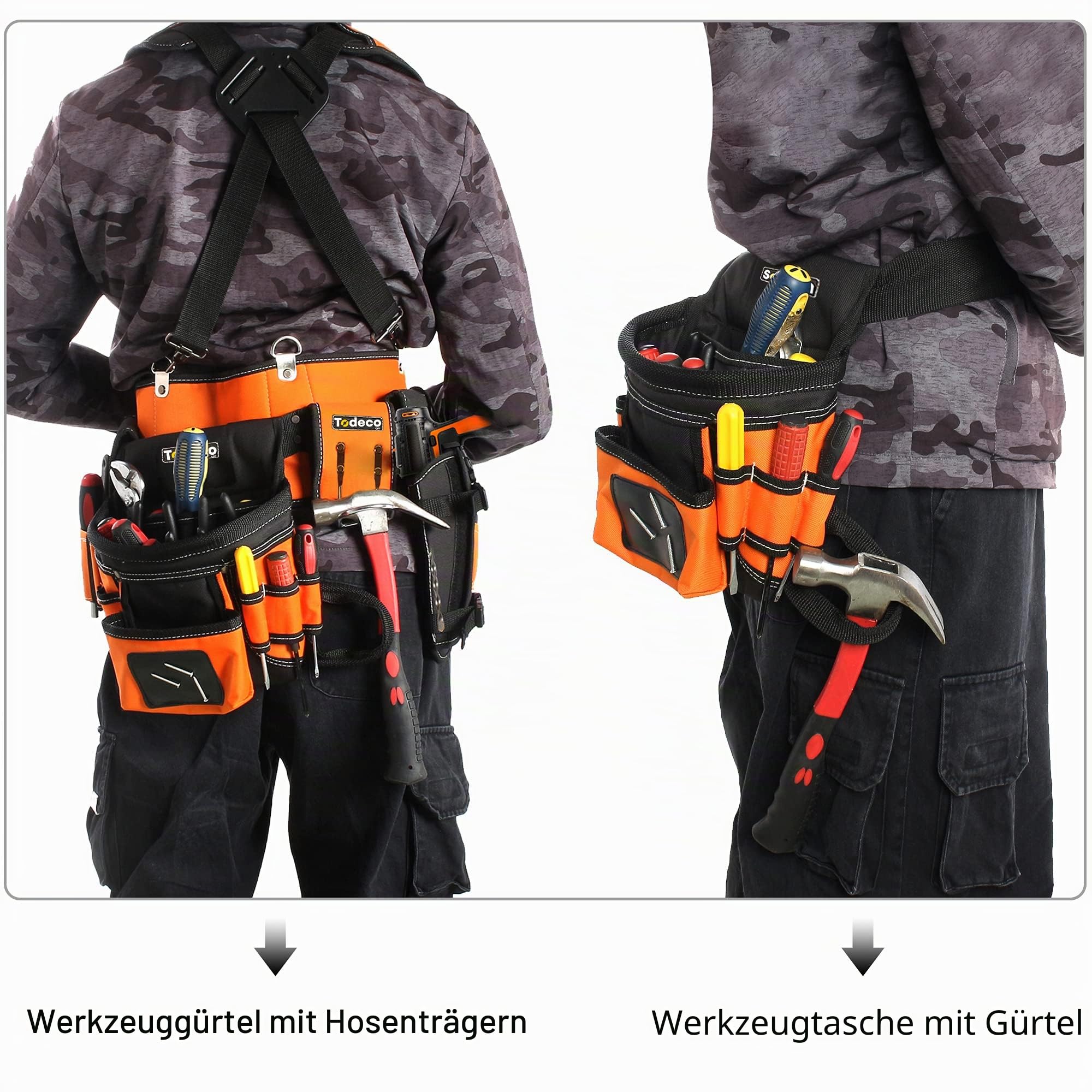 Todeco Werkzeuggürtel Herren, Arbeitsgürtel mit Hosenträgergurt, Werkzeugtasche mit verstellbarem Gürtel, Gürteltasche mit Magnet für Handwerker Tischler | Mit verstellbarem Gurt, Werkzeug für Elektriker, Schreiner, Bauarbeiter