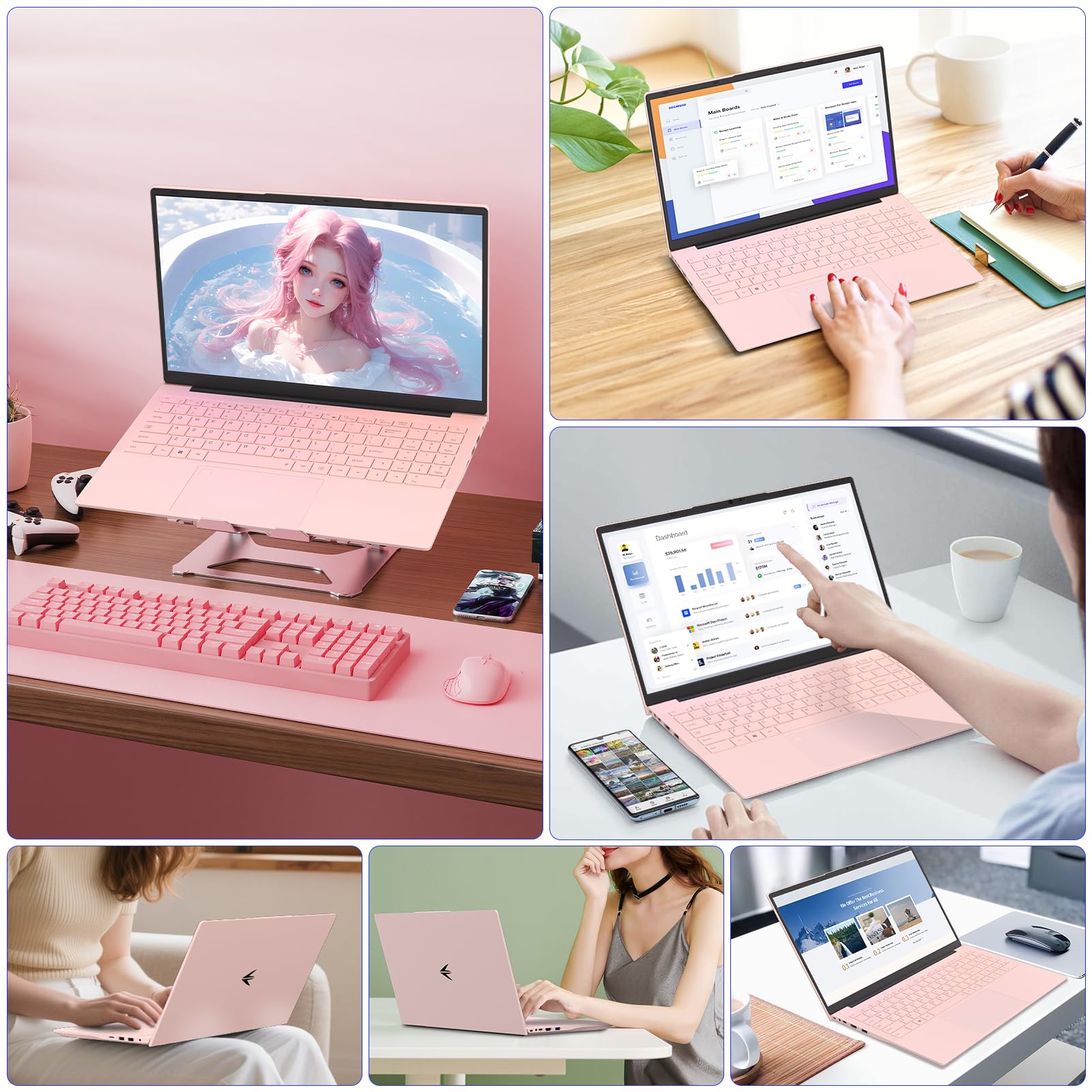 Auusda 15.6" FHD Laptop for Students & Work, 16GB Dual RAM, 512GB SSD, Backlit Keyboard, Fingerprint Sensor, Pro System, Dual core Processor, Full-featured USB C, USB 3.0/2.0, HDMI, Pink — view 10