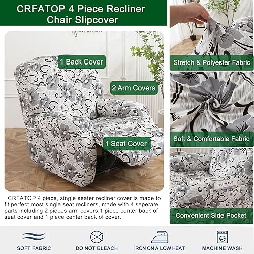 Miniatura 3 de CRFATOP Funda elástica para sillón reclinable con bolsillos, estampado floral, funda reclinable individual de 4 piezas, funda para sofá reclinable