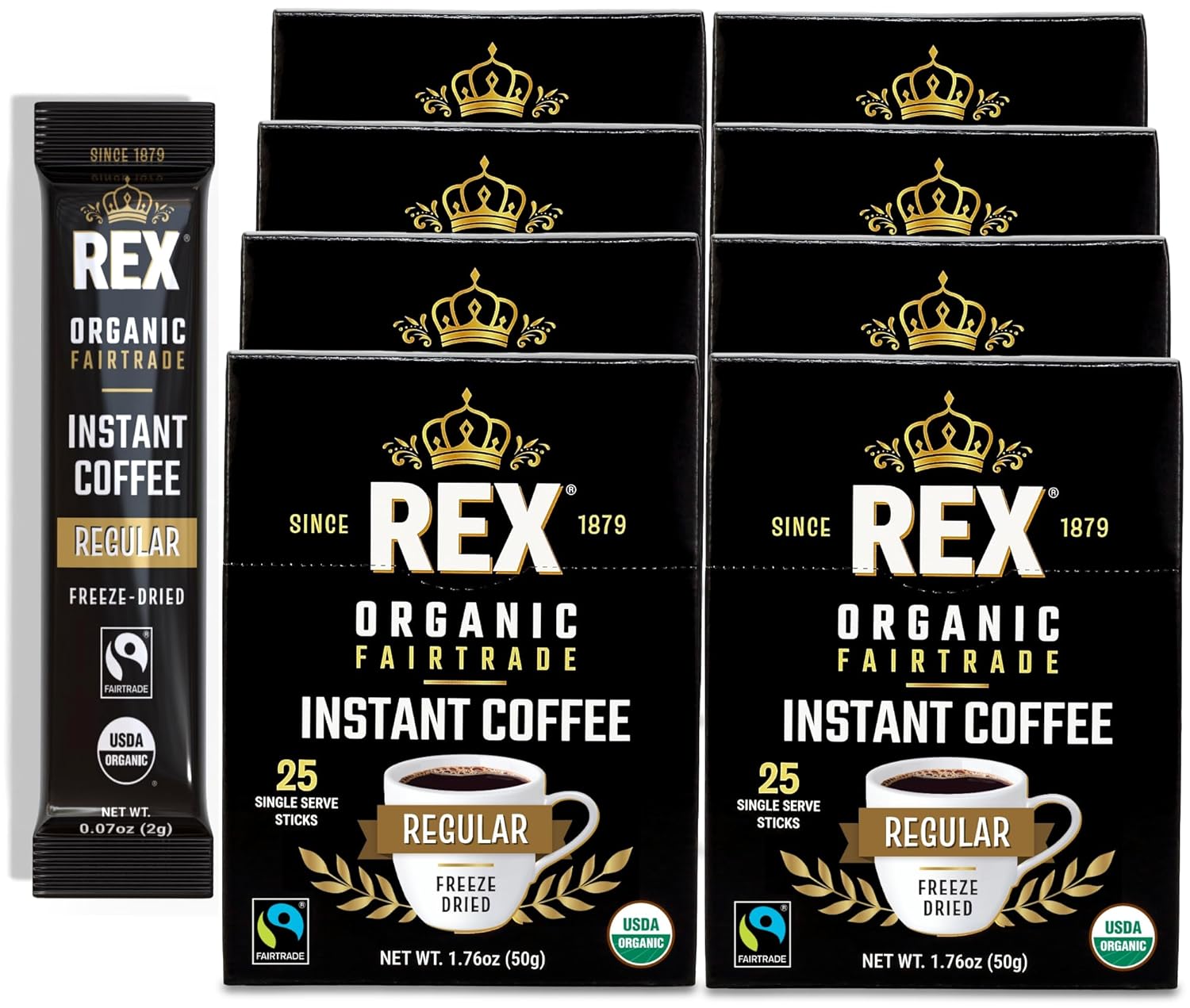 Rex Coffee Freeze-Dried Instant Sticks, Organic & Fairtrade Medium Roast Arabica, 200 Single Serve Packets - Lab Tested for Mold, Mycotoxins, Heavy Metals, & Acrylamide