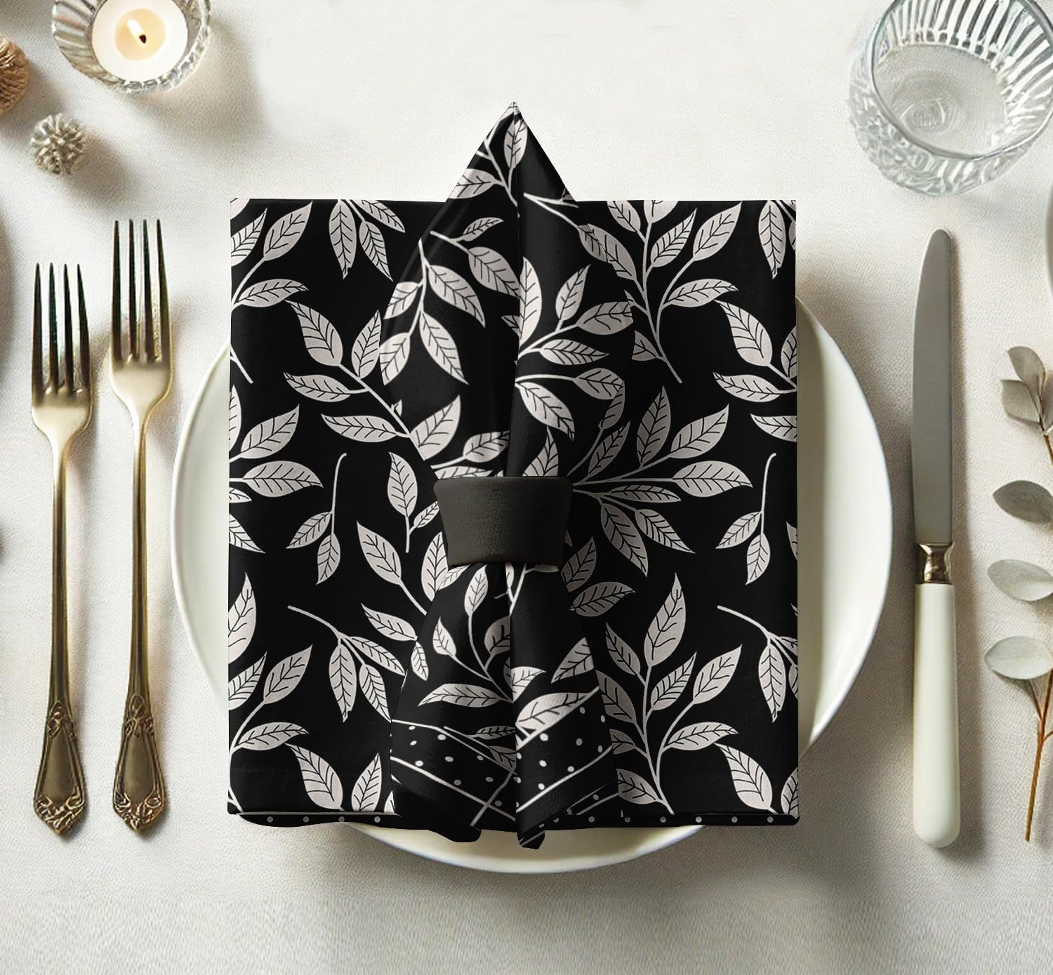 Designer Cotton Twill Napkins - Set of 12, 20-Inch, Leaves Pattern, Durable & Absorbent Cloth Napkins for Dining, Parties, and Home Decor - Machine Washable