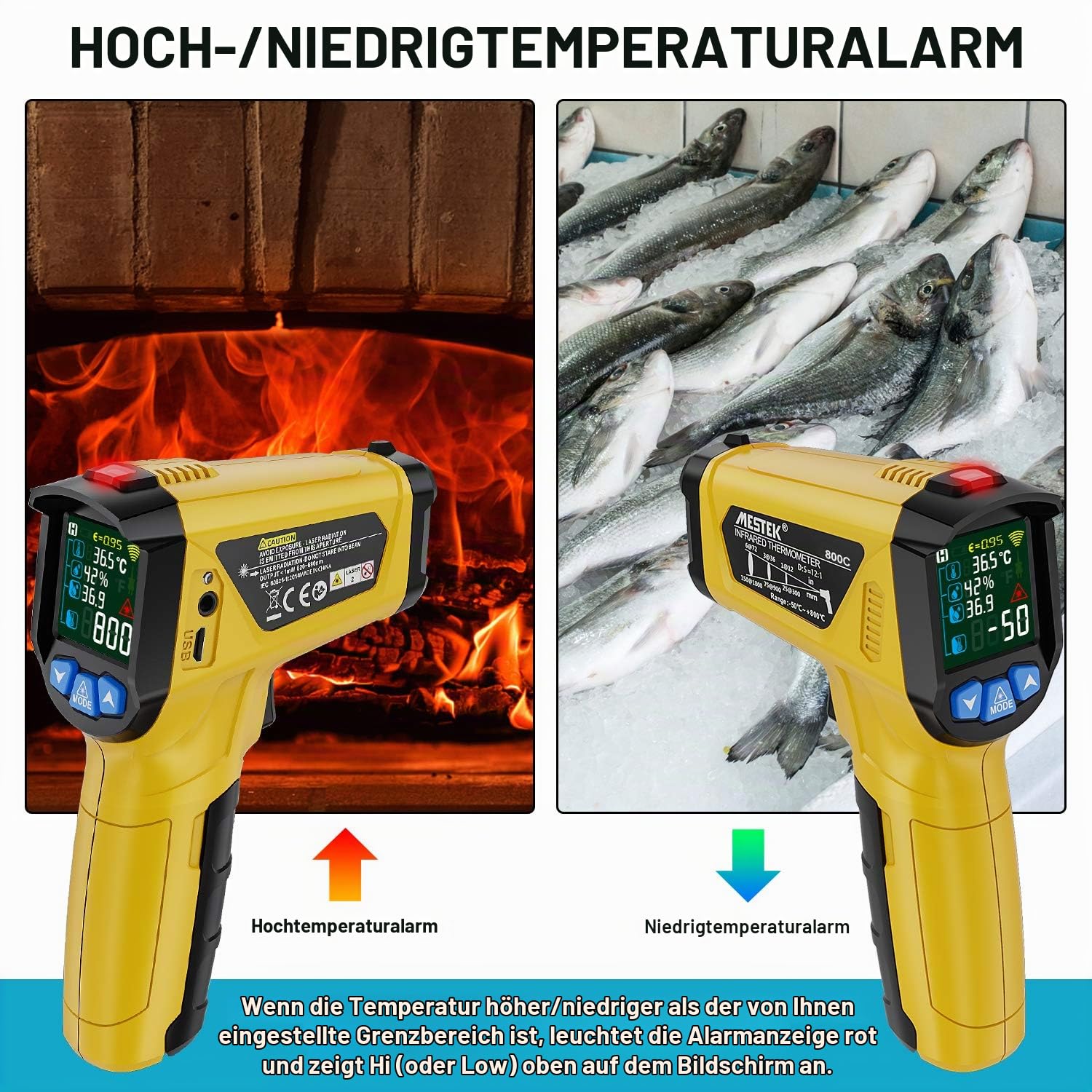 Infrarot Thermometer MESTEK Laser Temperaturmessgerät Digital IR Pyrometer K-Sonde -50°C ~ 800°C Berührungslos mit Farbe lcd Alarmfunktion Einstellbarer Emissionsgradfür Küche Automotive Industrie