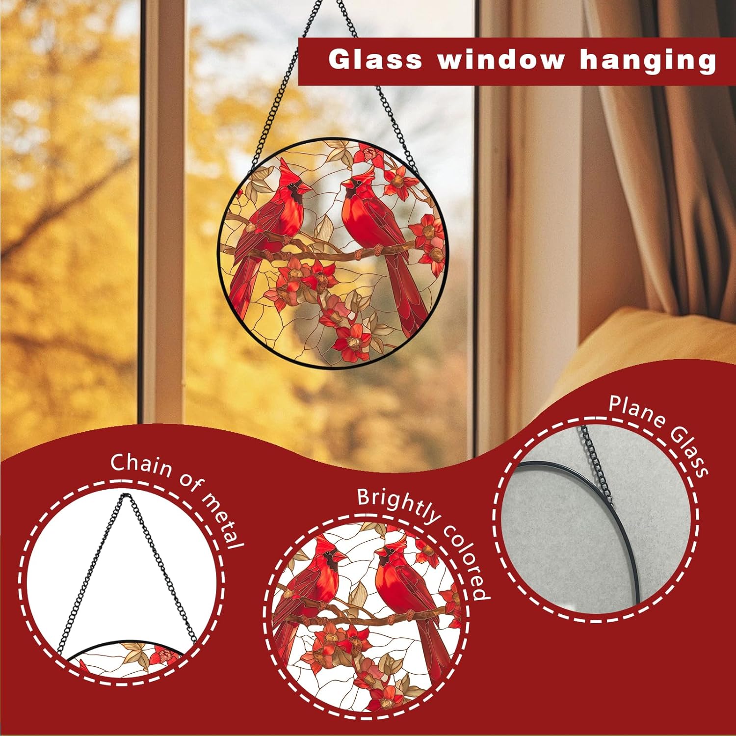 Stained Glass Style Cardinal Suncatcher, 7.87 Inch (20cm) Round Real Glass Window Hanging with Gift Box and Chain, Bird Decor Gift - Image 6