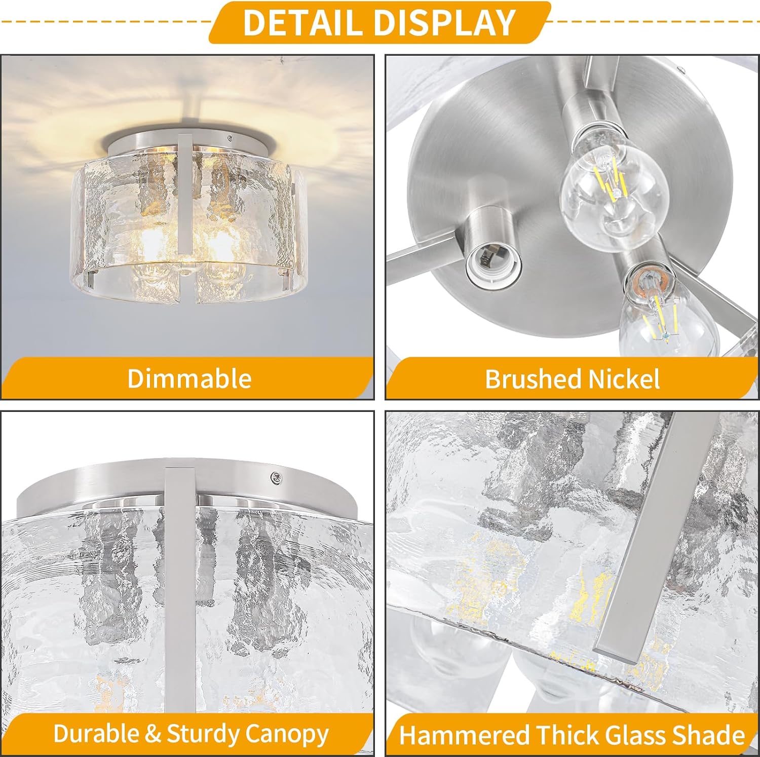 15'' Modern Brushed Nickel Semi Flush Mount Ceiling Light, Hallway Light Fixtures, 3-Light Glass Ceiling Lights for Entryway Kitchen Dining Room Foyer Bedroom Laundry Room Bathroom Lighting Fixtures