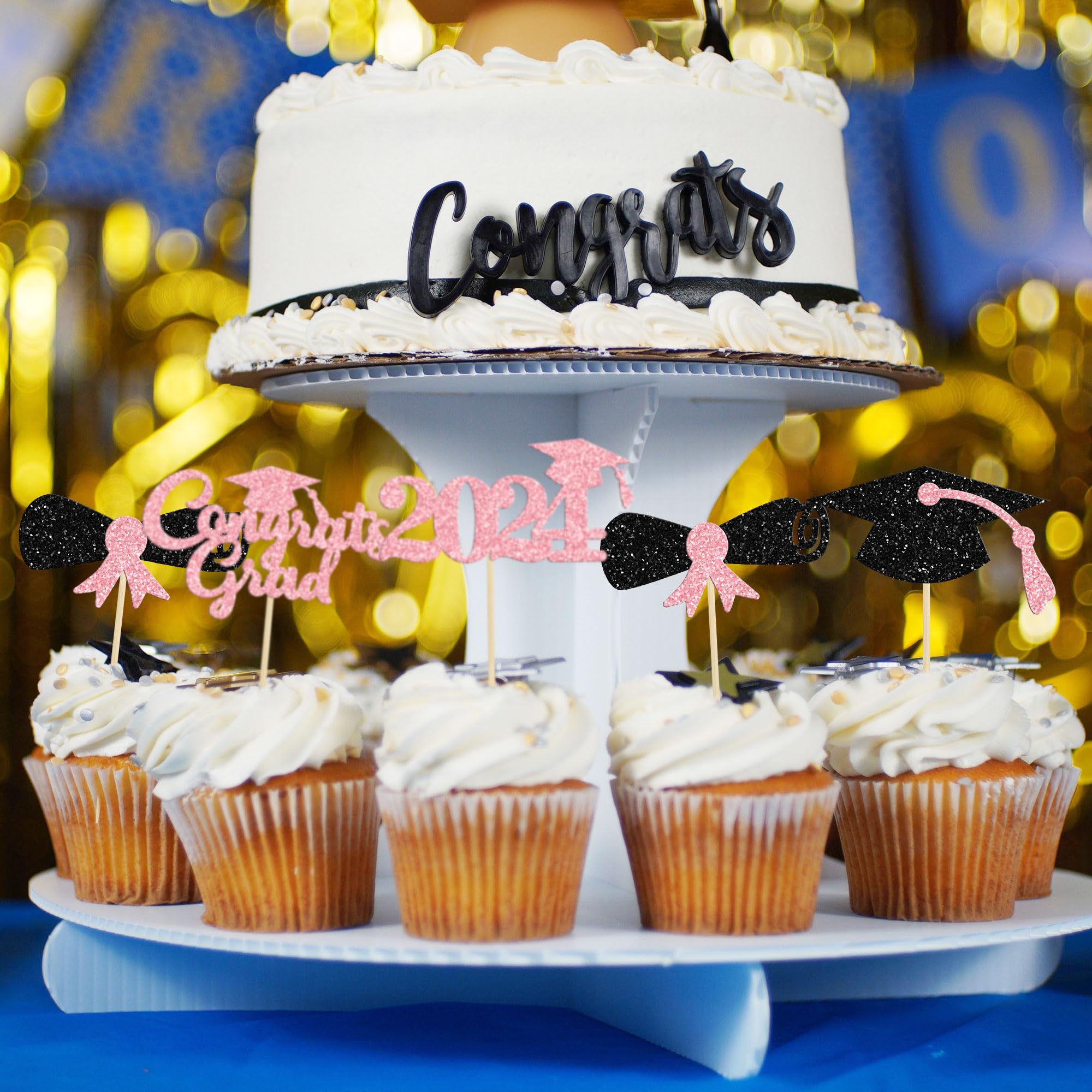 Gyufise 24Pcs 2026 Graduation Theme Cupcake Toppers Glitter Class of 2026 Diploma Graduation Cap Cupcake Picks 2026 Graduation Theme Party Cake Decorations Supplies Pink - Image 4