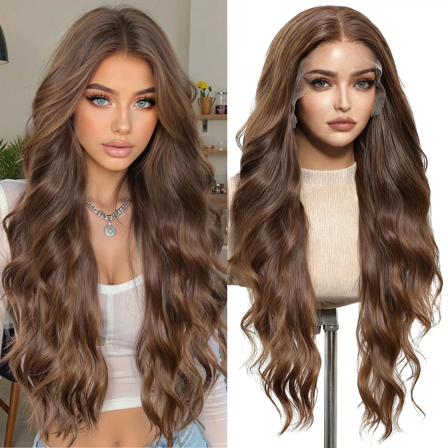 Lace Front Wig Long Wavy Highlight Caramel Brown 28 Inch