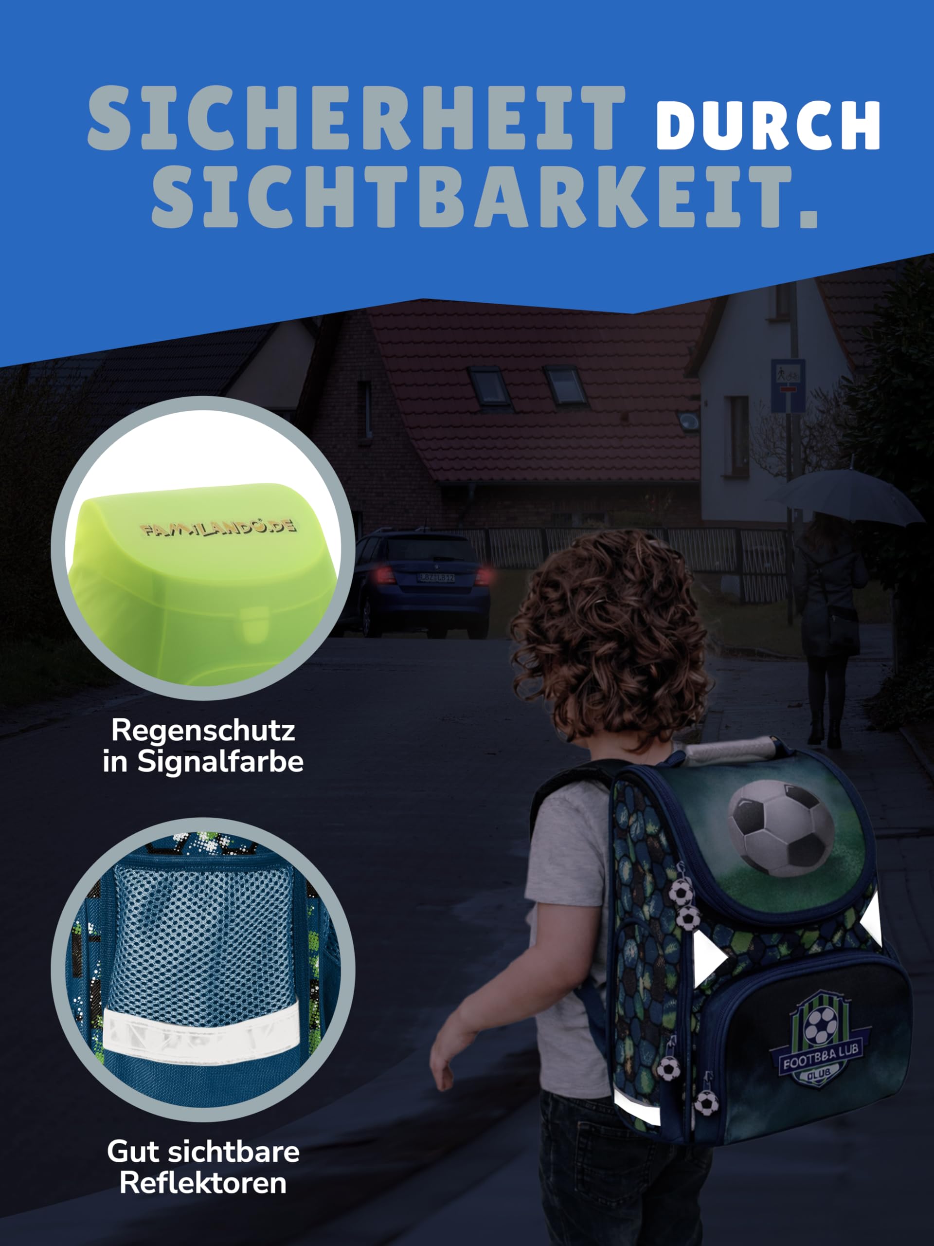 Familando - Schulranzen Set - 10-teilig mit Schultüte - Fussball - Ergonomisch, stabil & mit gepolstertem Rücken - 1000g leicht - 15L Volumen - Mit Reflektoren - Für Grundschule ab 1. Klasse