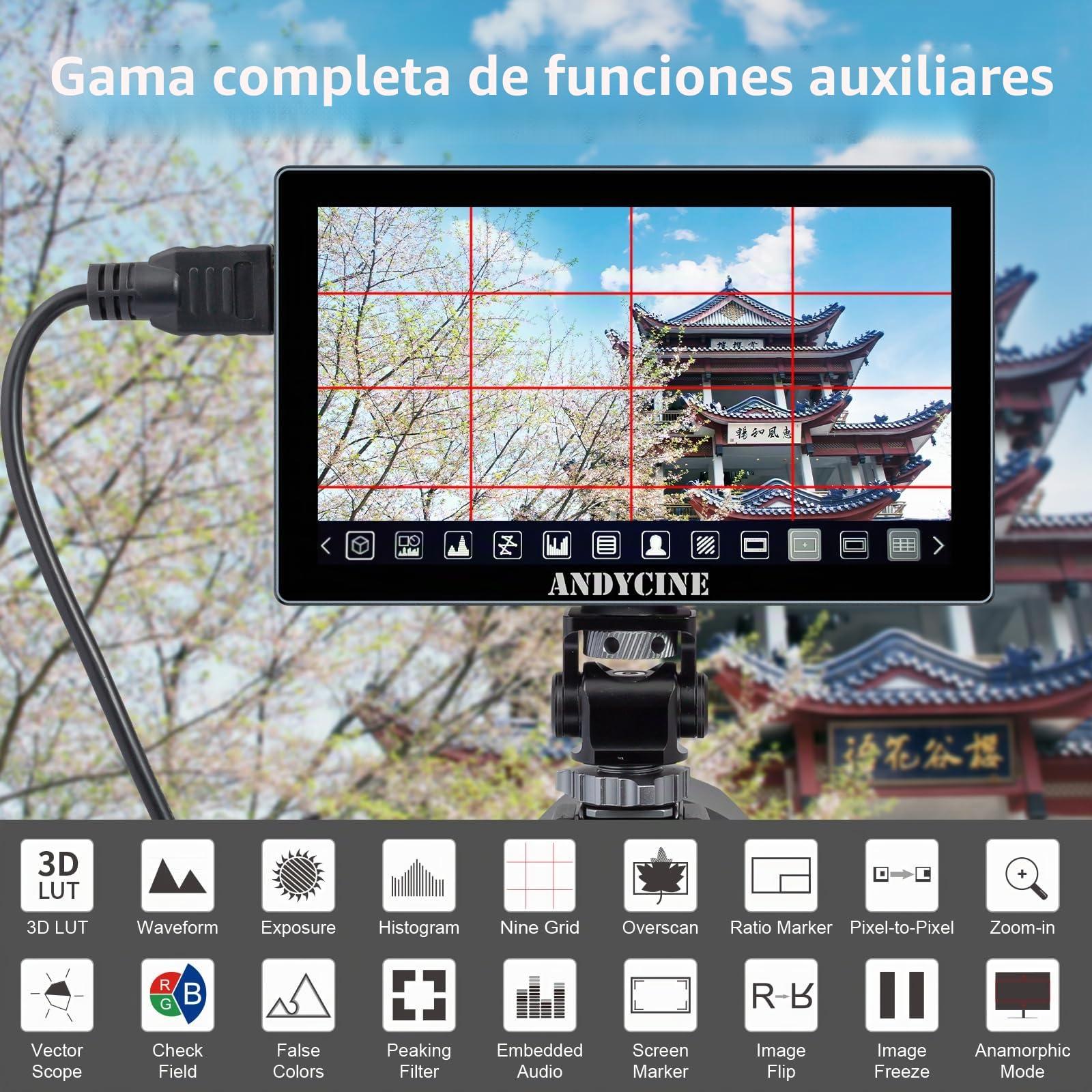 ANDYCINE X5 5,5" 1200 nits Monitor de Campo de cámara con Pantalla táctil 4K HDMI 60 HZ, Monitor DSLR con Carcasa de Aluminio, batería F550C, RGB Parade, Focus Peaking, LUT 3D, Monitor HDR