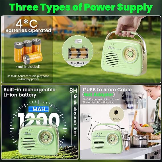 Small Radios Portable AM FM, Vintage Transistor Radio with Bluetooth, Battery Operated and Plug in Wall Retro Radio for Home/Outdoor, Large Dial Easy to Use, Christmas Seniors Gifts