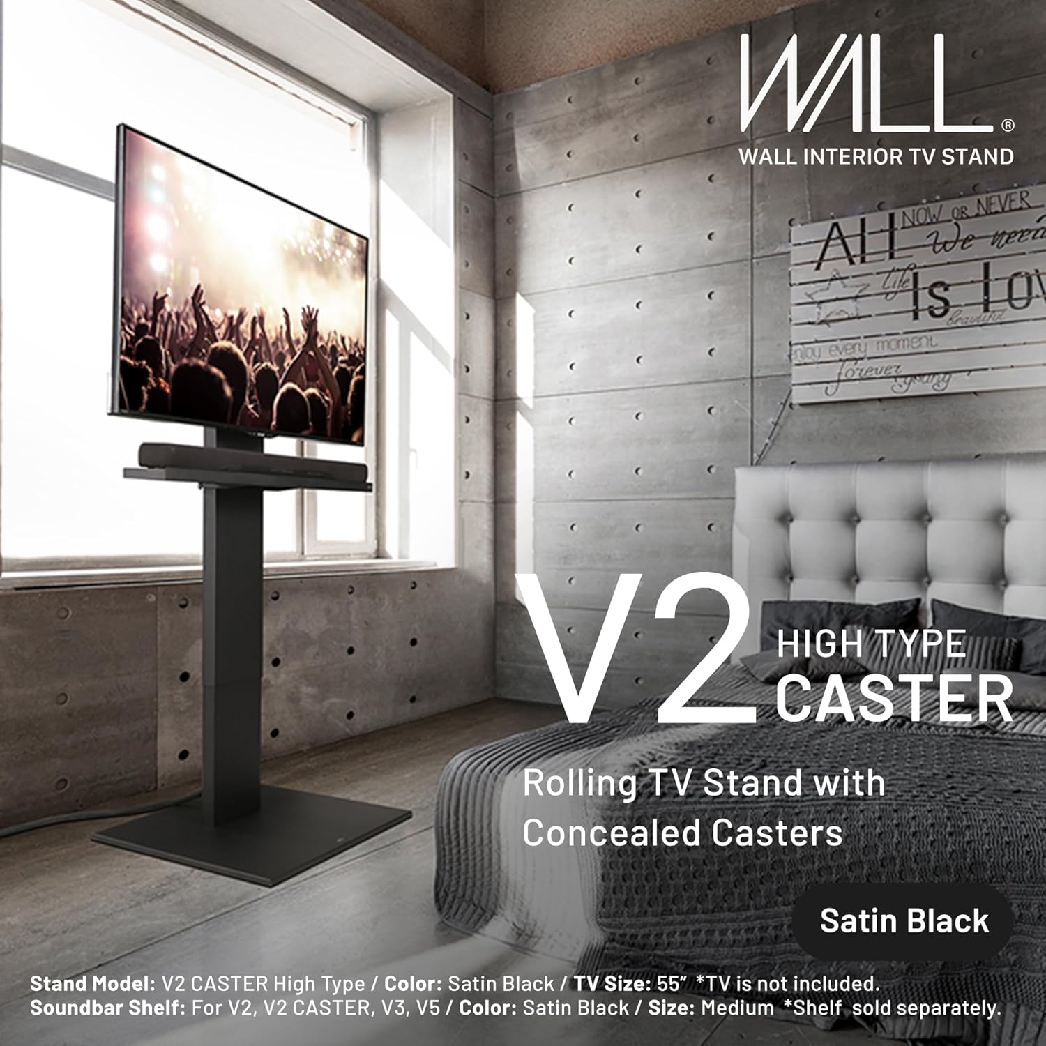 WALL V2 Caster High Type | Minimalist Rolling TV Stand for 32–60 Inch | Satin Black | Portable, Space Saving, Height Adjustable, No Drill | for Living Room and Bedroom | Japanese Design & Engineering