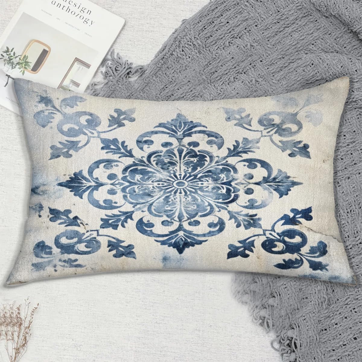 Pillow Covers Pack of 2 Blue Floral Flower Couch Pillow Covers 12x24 Inch Throw Pillow Cover for Home Decor Living Room Bedroom Car