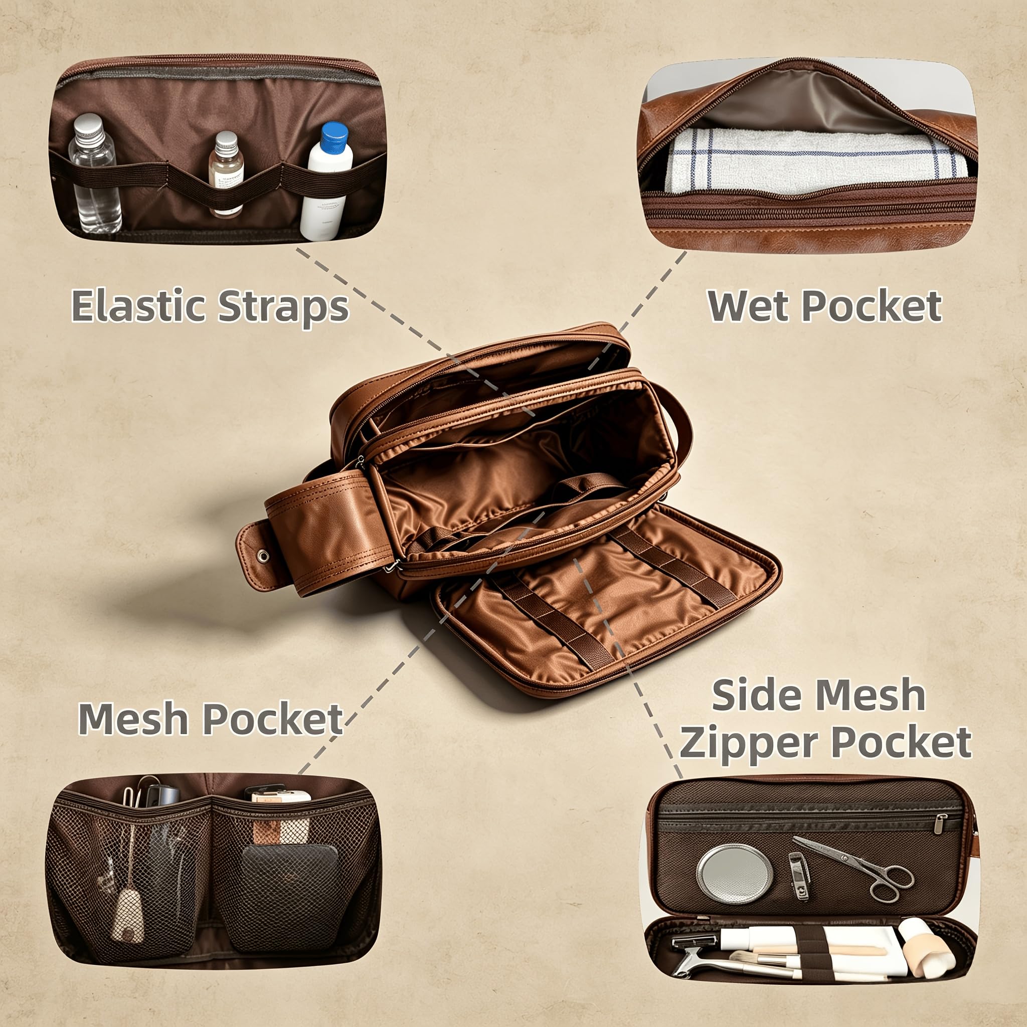 Kulturbeutel im Vintage-Stil, geeignet für Reisen, große Kosmetiktasche mit Mehreren Fächern, doppeltem Reißverschluss und Tragegriff Oben, leichtes Dopp-Kit für Business-Wochenende (Kaffee)