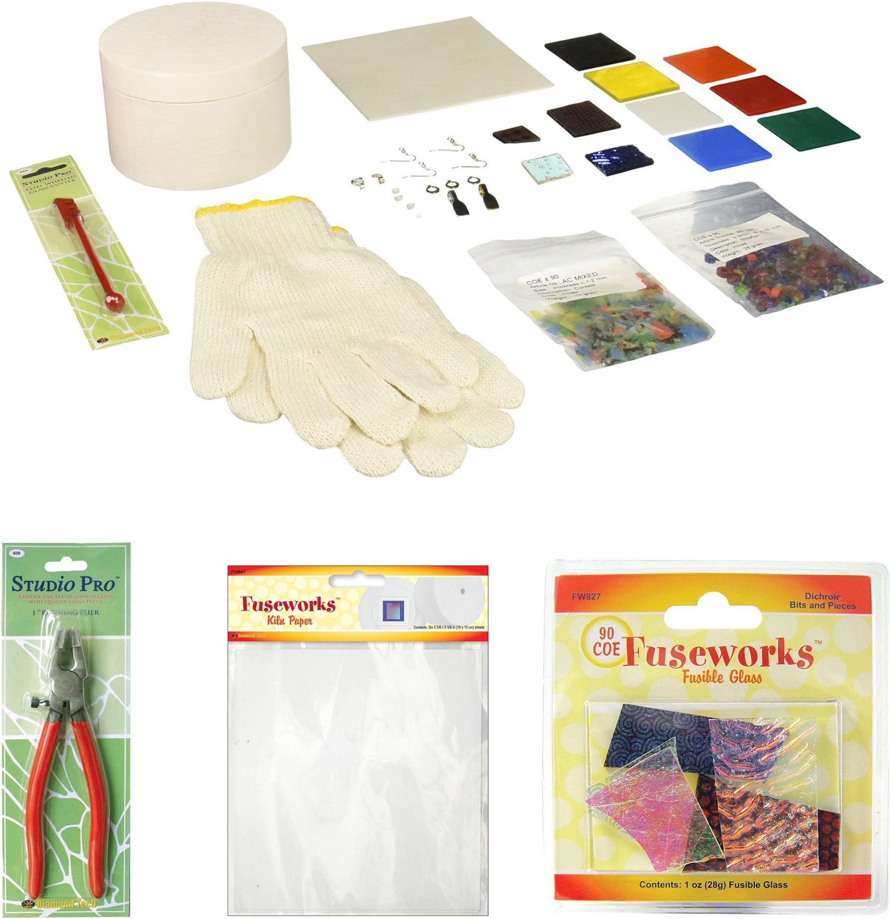Saver pack: Fuseworks Beginners Fusing Kit PLUS Studio Pro 1-Inch Running Pliers PLUS 1-Ounce Dichroic Bits and Pieces 90 COE Fusible Glass, Assorted Colors PLUS Kiln Paper, Pack of 4 Sheets