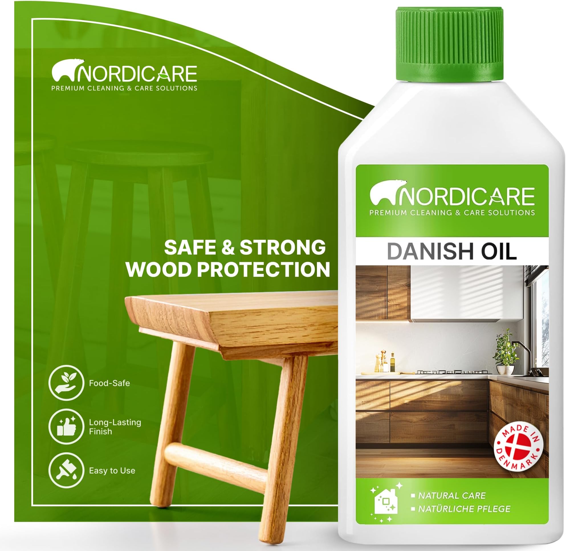Danish Oil for Wood by Nordicare - Danish Oil Underlines The Natural Structure of The Wood (Oak, Cherry, Pine and More) - Wood Oil for Wooden Worktops - Made in Denmark (500ml)