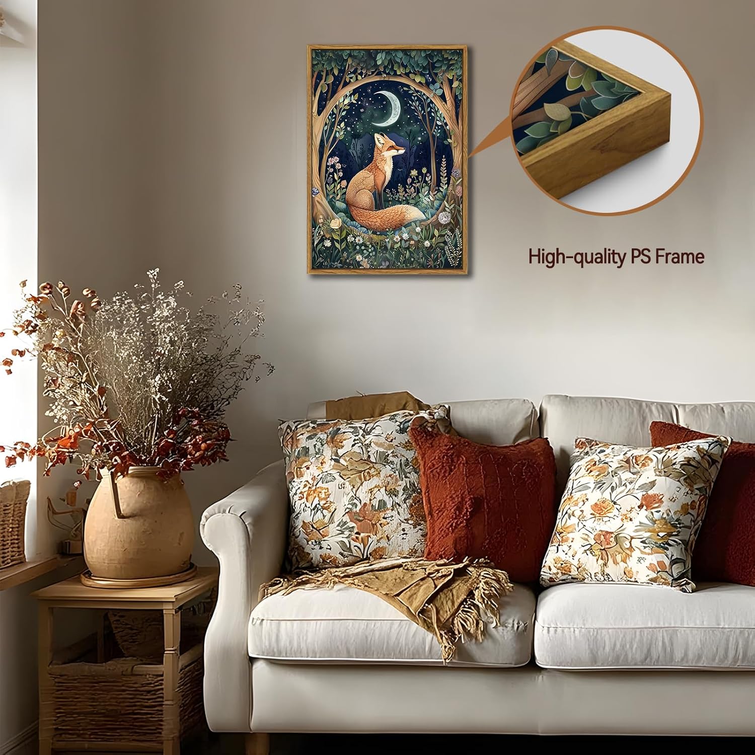 Framed Vintage Fox Wall Art Dark Academia Moon and Floral Picture Wall Decor Whimsical Forest Animal Botanical Painting Canvas Prints Moody Flowers CottageCore Artwork for Living Room Bedroom