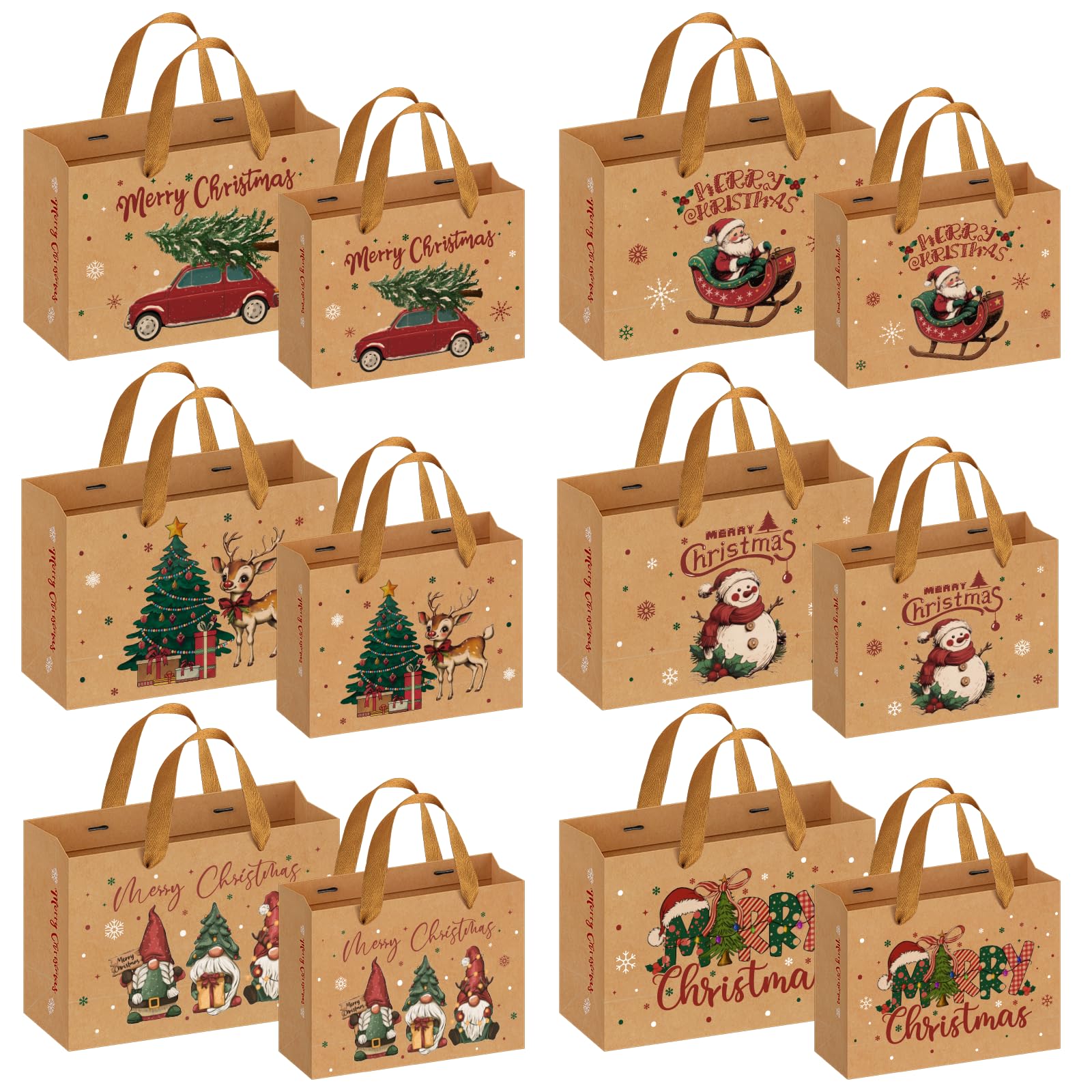 12 Sacs Cadeaux Noël Kraft – 2 Tailles, 6 Motifs, Réutilisables, Poignée Chanvre, Grand Et Petit Format