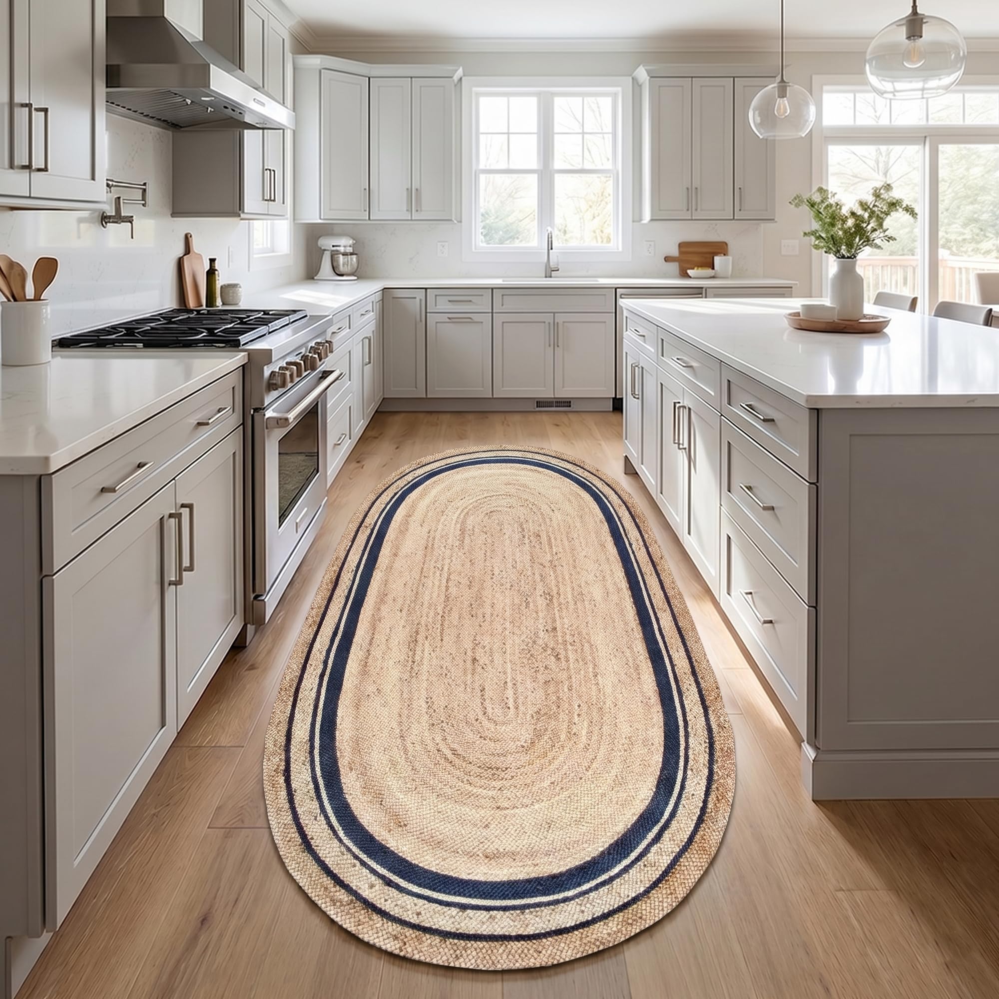 Tapis ovale en jute tressé main bleu Rikki 0,7m pour cuisine et lit