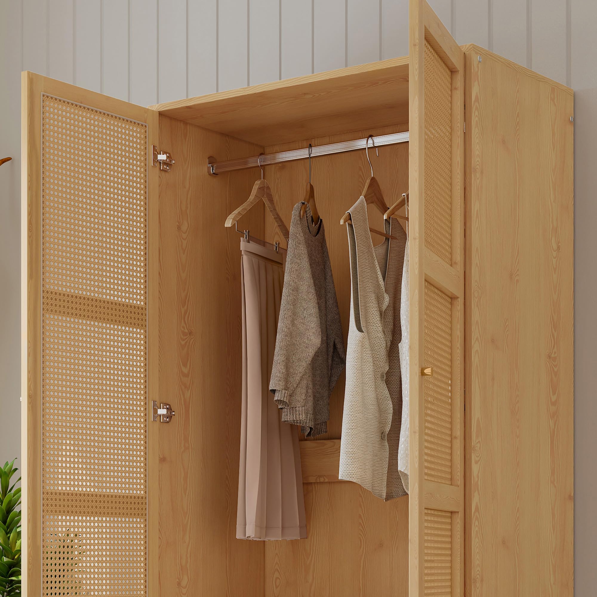 Armoire en Rotin à 3 Portes,Garde-Robe et Tringle à VêTements,Dressing Rangement Placard,Style Bohème,pour Chambre à Coucher,Couloirs,Salon
