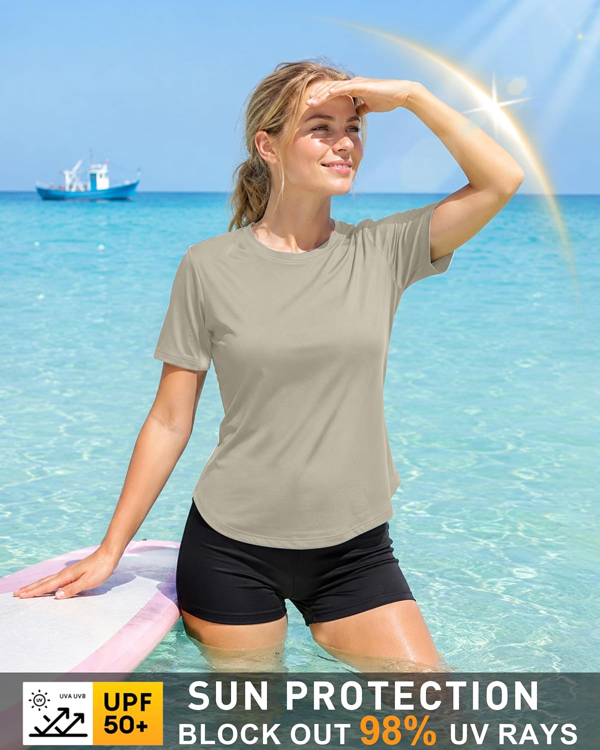 Roadbox Women's UPF 50+ Sun Protection Shirts, Moisture Wicking Short Sleeve Rash Guard Athletic Running Workout Tops image 3