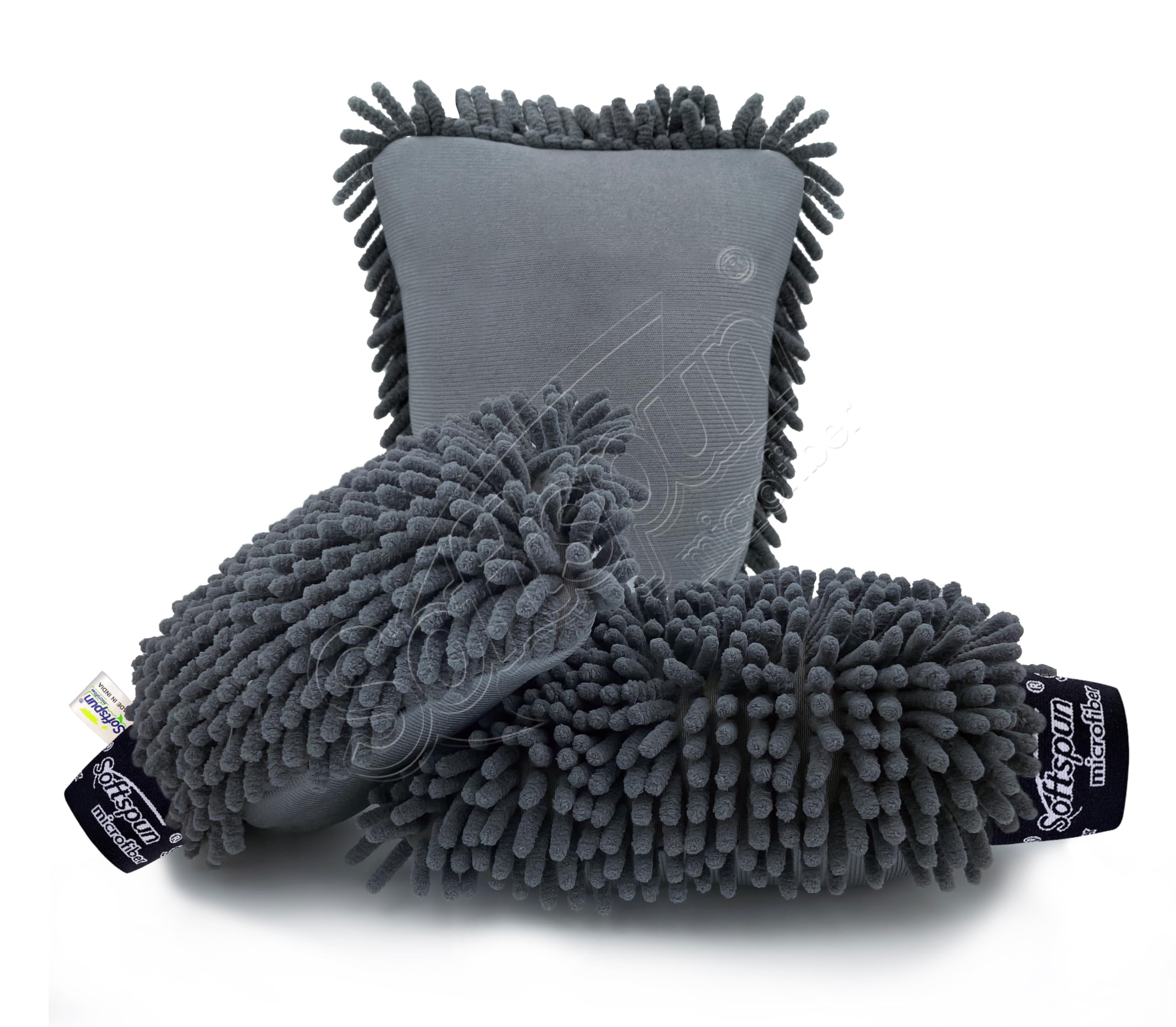 SOFTSPUN Microfiber Chenille & Glass Cloth Mitt, 3 Piece Combo 1700 GSM Grey, Multi-Purpose Super Absorbent and Perfect Wash Clean with Lint-Scratch Free Cars Home Dusting - Image 2 thumbnail