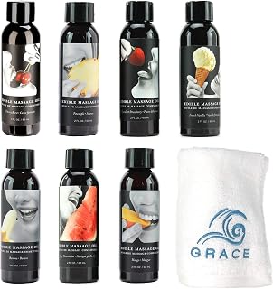 Edible Massage Oil - By Earthly Body - Variety Bundle - Grace 12" x 12" Towel - 2 OZ. Each (7)