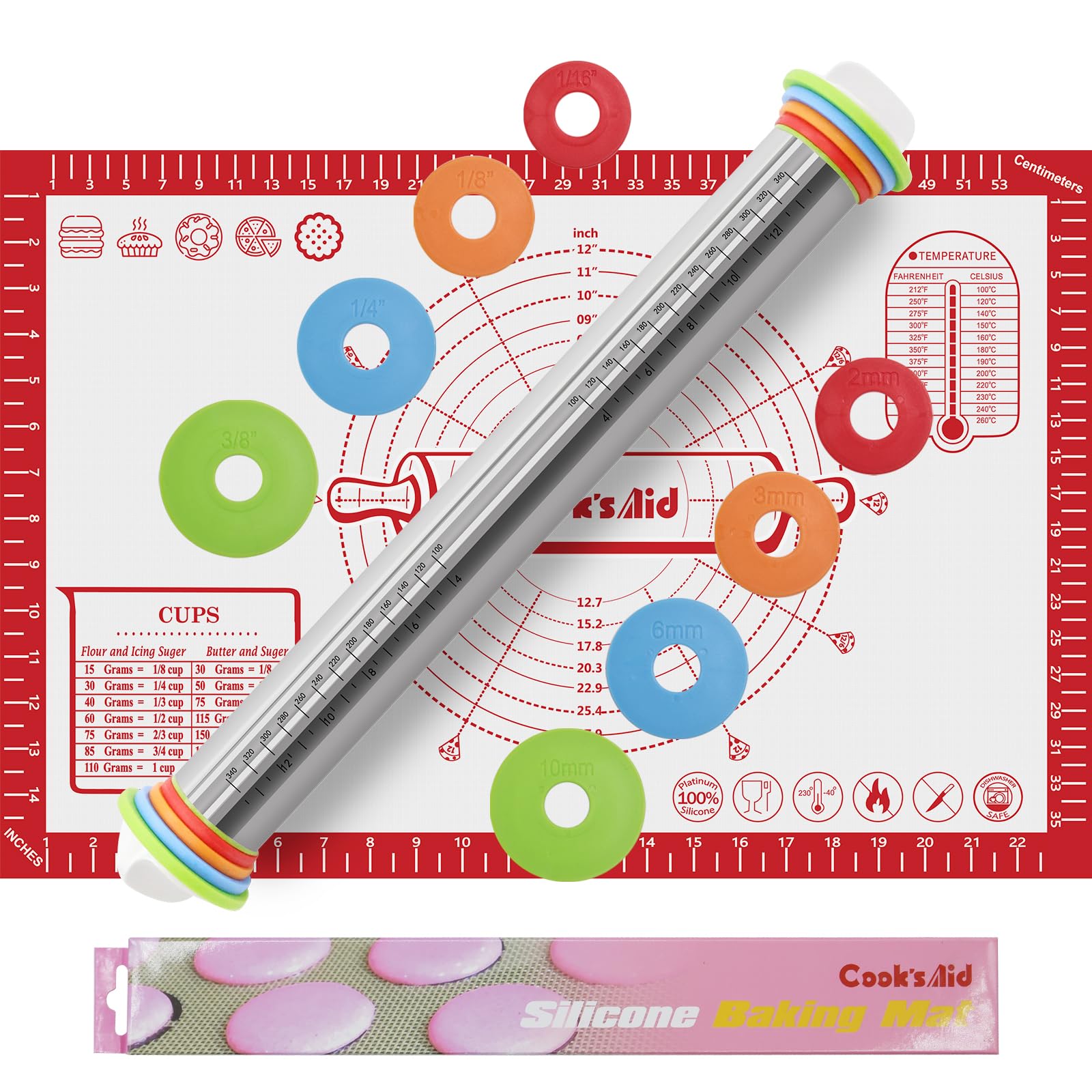 Rolling Pin with Thickness Rings- Adjustable Stainless Steel Roller Guides-Non Stick Dough Roller Pin for Dough Pizza Pie,Pastries and Cookies By Cook's Aid (Rolling Pin and Silicone Pastry Mat)