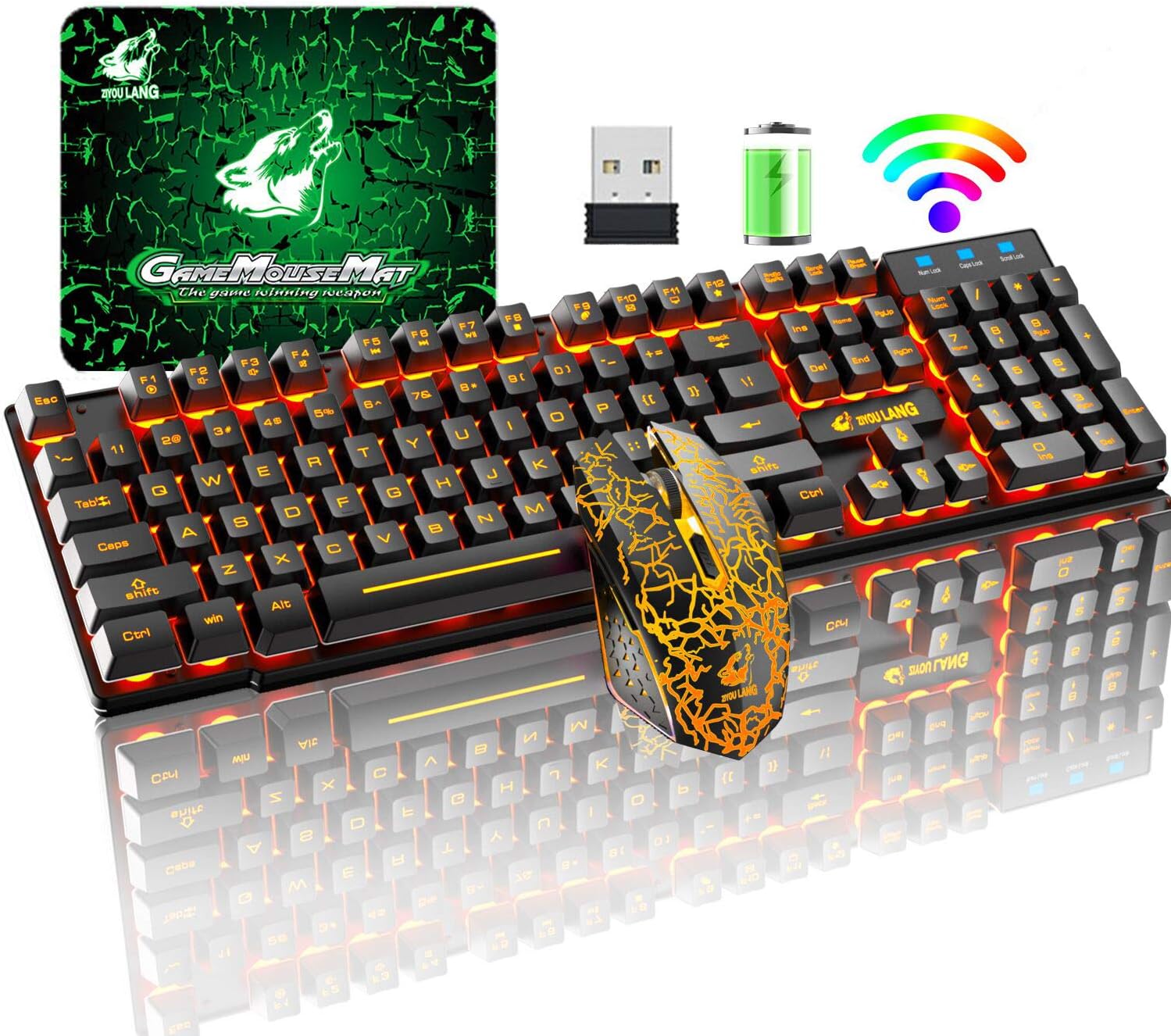 Suреr Brаndѕ Wieless Gaming Keyboard and Mouse Combo Rainbow Backlight Quiet Ergonomic Mechanical Feeling Anti-ghosting Keyboard Mouse with Rechargeable 4000mAh Battery Mouse Pad for Computer Mac Gamer