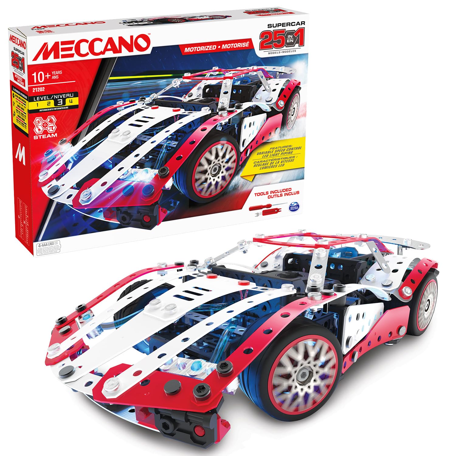 Bandai - Meccano Véhicules De Course 10 En 1 - Coffret De Construction 10 Modèles - 225 Pièces, Outils, Notice - Kit Activité Assemblage Voiture Avion Bateau Course - Jouet Enfant 8 Ans Et+ -APM20104
