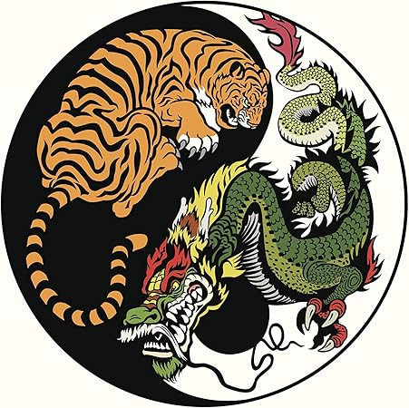 Amazon Ew Designs オリエンタル スタイル ドラゴンと虎 陰陽 シンボル オレンジ ライト ダークグリーン レッド イエロー ブラック ホワイト ビニール デカール バンパーステッカー 2イン1 パック 幅4インチ ステッカー デカール 車 バイク
