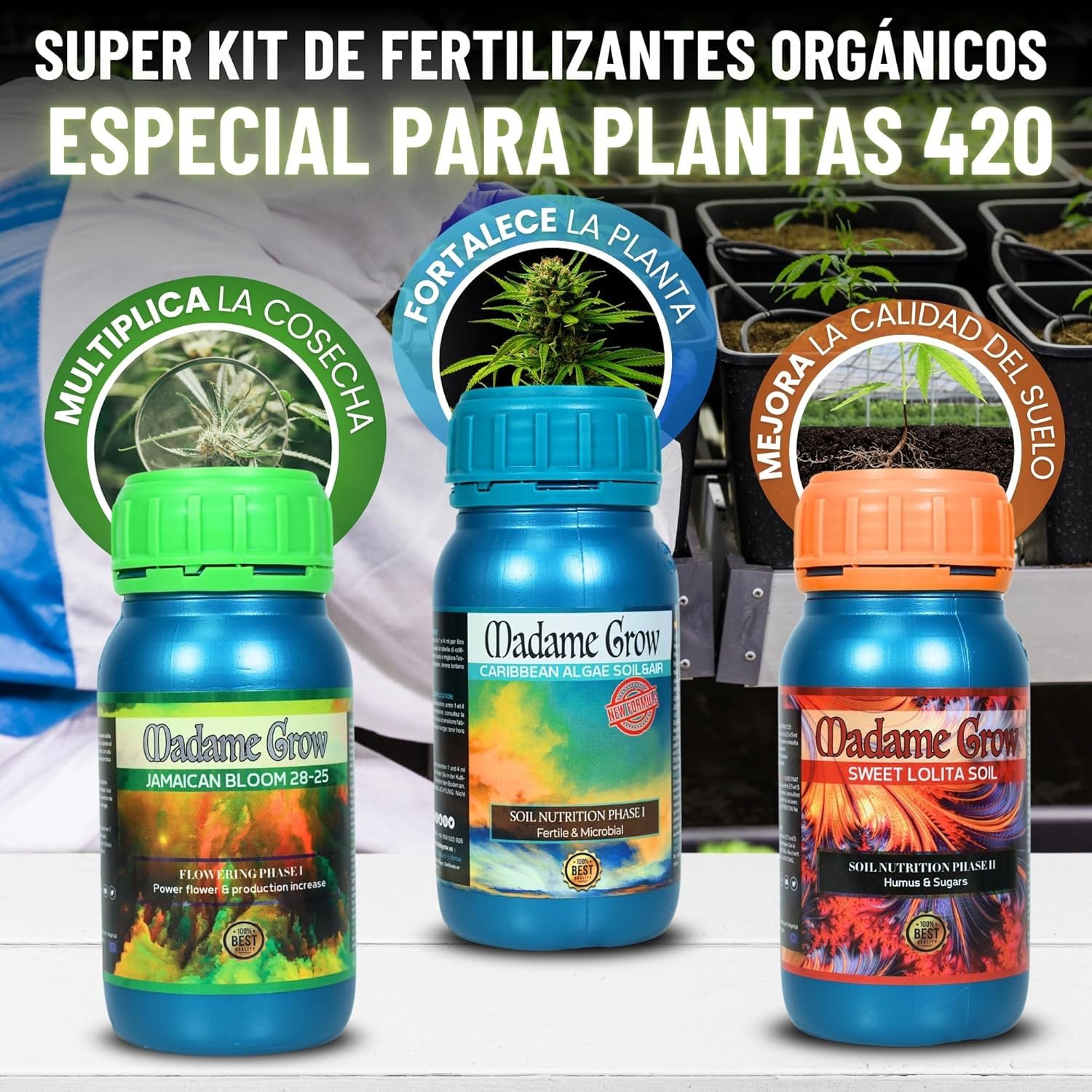 MADAME GROW Pack Ibiza 3 x 1 Litro | Kit Fertilizantes Floración con Algas Energía y PK | Caribbean Algae + Sweet Lolita + Jamaican Bloom | Pack 3 Abonos Orgánicos Floración