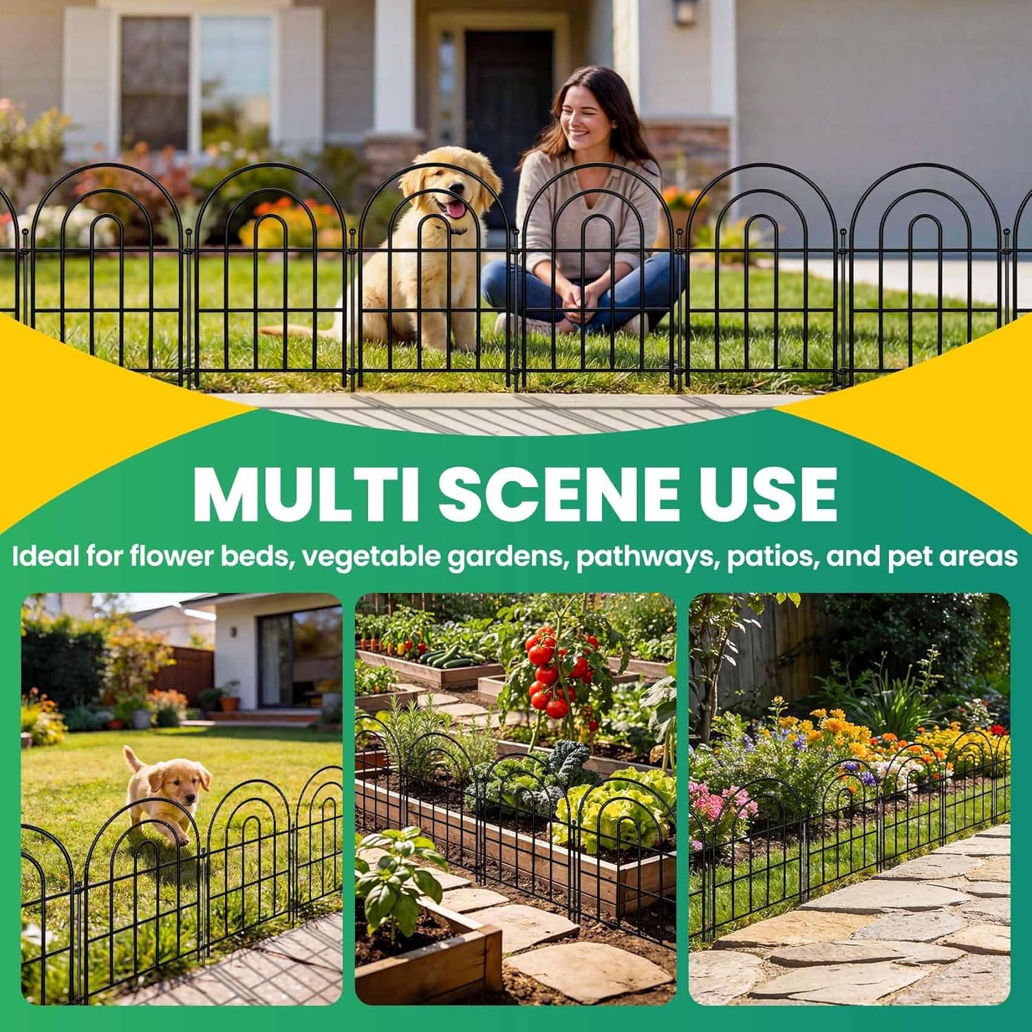 Garden Fence Panels – 20.58ft(L) x 17"（H）Arched Fencing with Tool-Free Install, Metal Fence Panels Rustproof Outdoor Barrier for Yard, Patio, Flower Beds, Dog Barrier, Decor Garden Edging