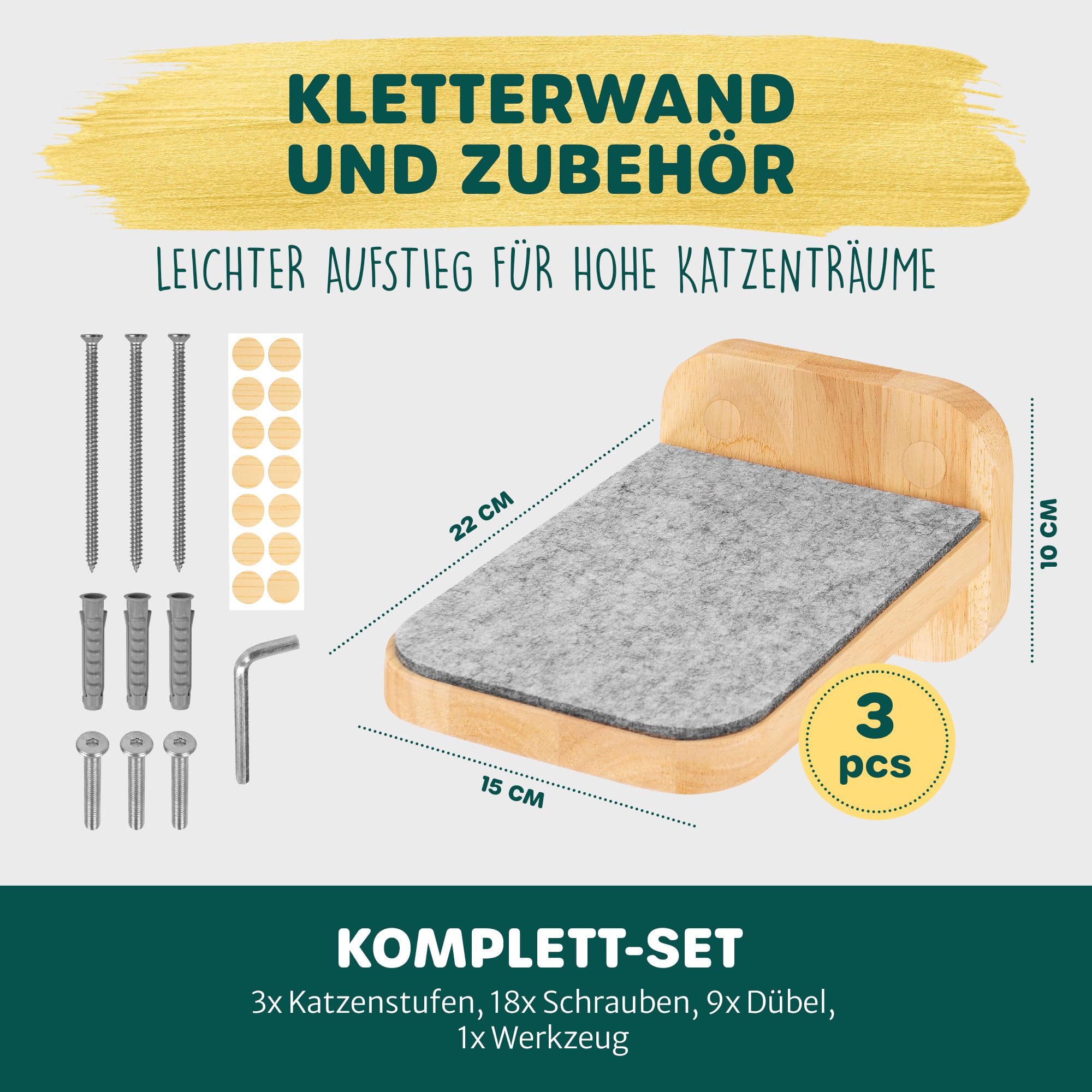 HAPPYPET Katzentreppen 3er-Set für Wandmontage - Nachhaltiges Hartholz, Designer Kletterwand Katzen, Katzentreppe mit Filzbezug, Katzenleiter, Katzenwand zum Klettern, Catwalk, Größe M 22 x 15 cm