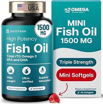 Nutriana Advanced Formula Fish Oil Minis Softgels - 1500mg Omega 3 with 800mg EPA + 600mg DHA - 60 Count