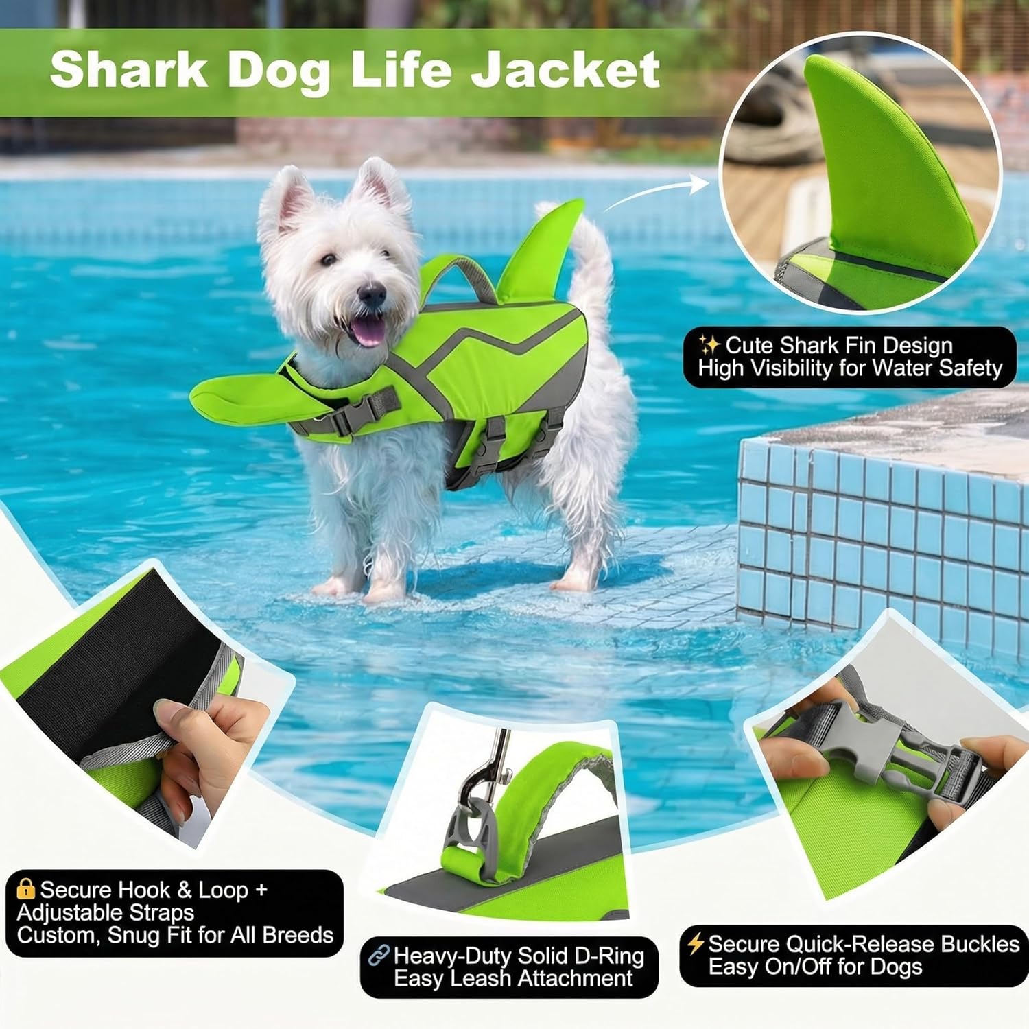 Doglay Shark Dog Life Jacket with Removable Neck Float, High Buoyancy Adjustable Pet Swim Vest with Rescue Handle for Swimming & Boating, for Small Medium Large Dogs, XL, Bright Green