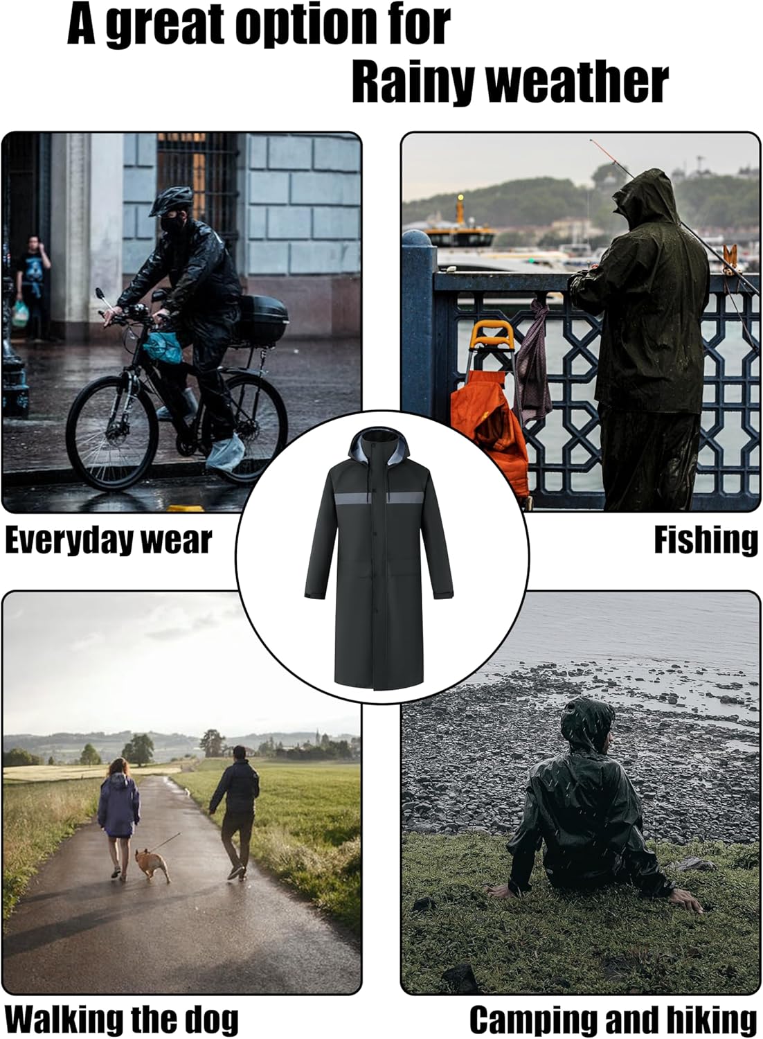 Ubon Mens Long Rain Coat Waterproof with Hood, Lightweight Rain Jacket Spring Windbreaker for Travel and Hiking - Image 6